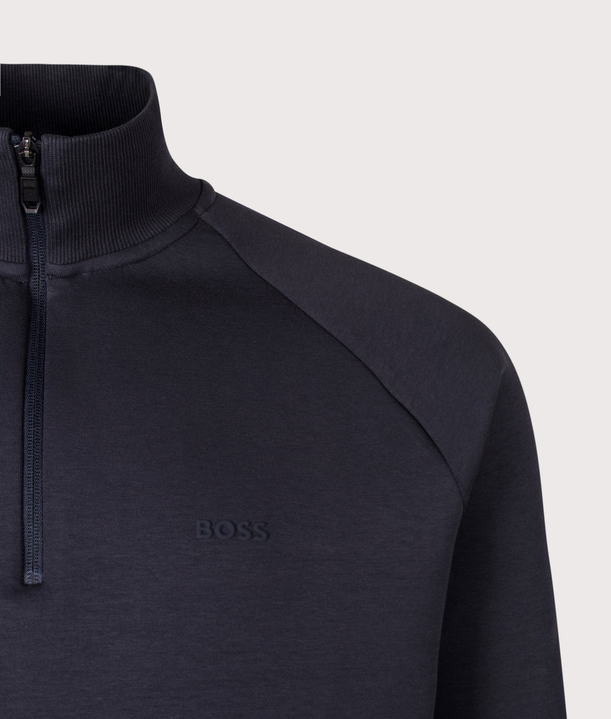BOSS Regular Fit Quarter Zip Sweatshirt in Dark Blue at EQVVS Menswear. Detail shot.