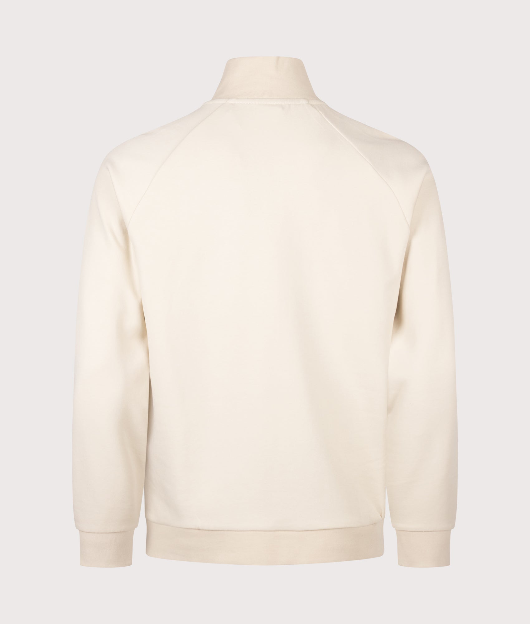 BOSS Regular Fit Sense Quarter Zip Sweatshirt in Open White at EQVVS Menswear. Back shot.
