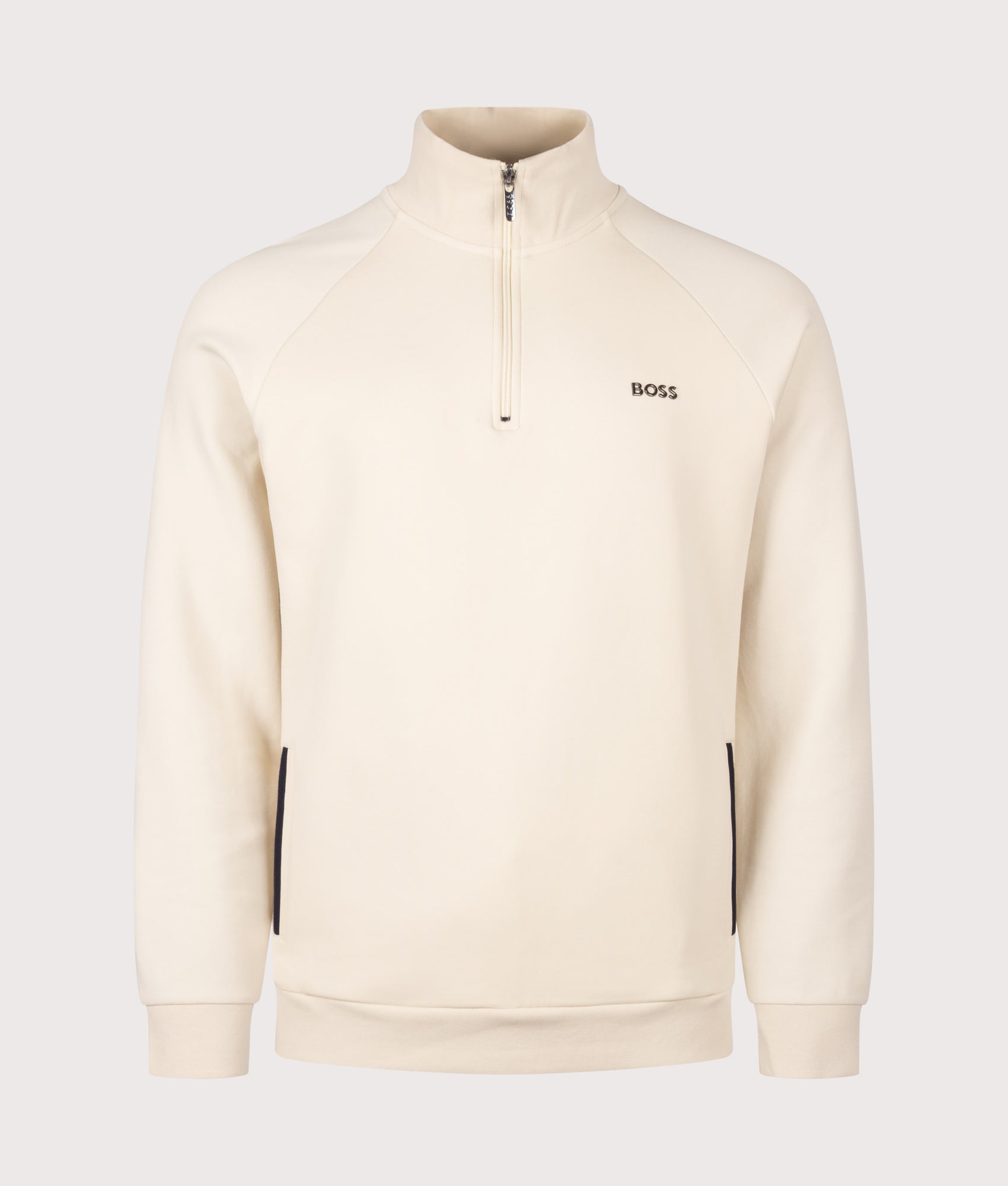 BOSS Regular Fit Sense Quarter Zip Sweatshirt in Open White at EQVVS Menswear. Front shot.