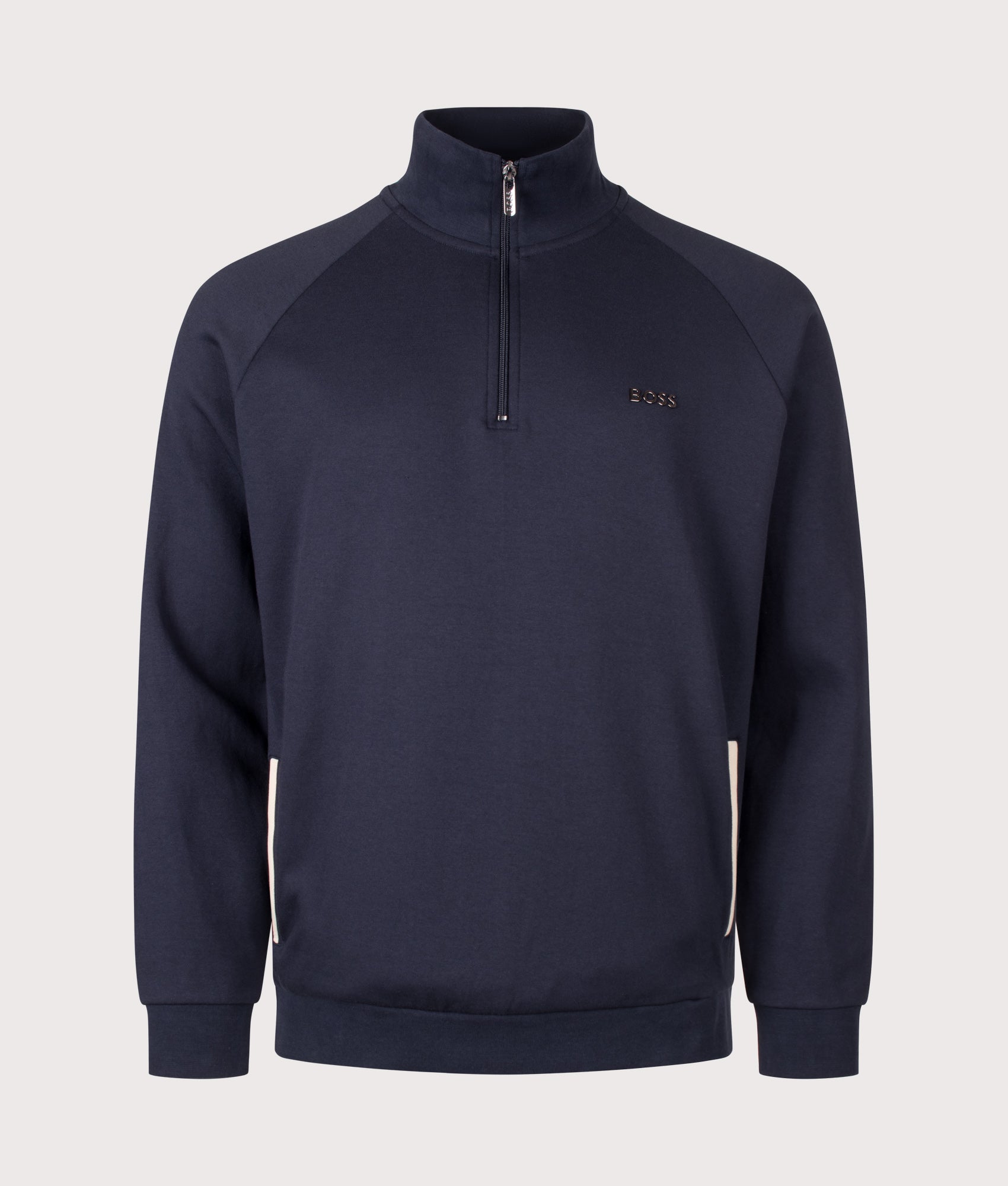 BOSS Regular Fit Sense Quarter Zip Sweatshirt in Dark Blue at EQVVS Menswear. Front shot.