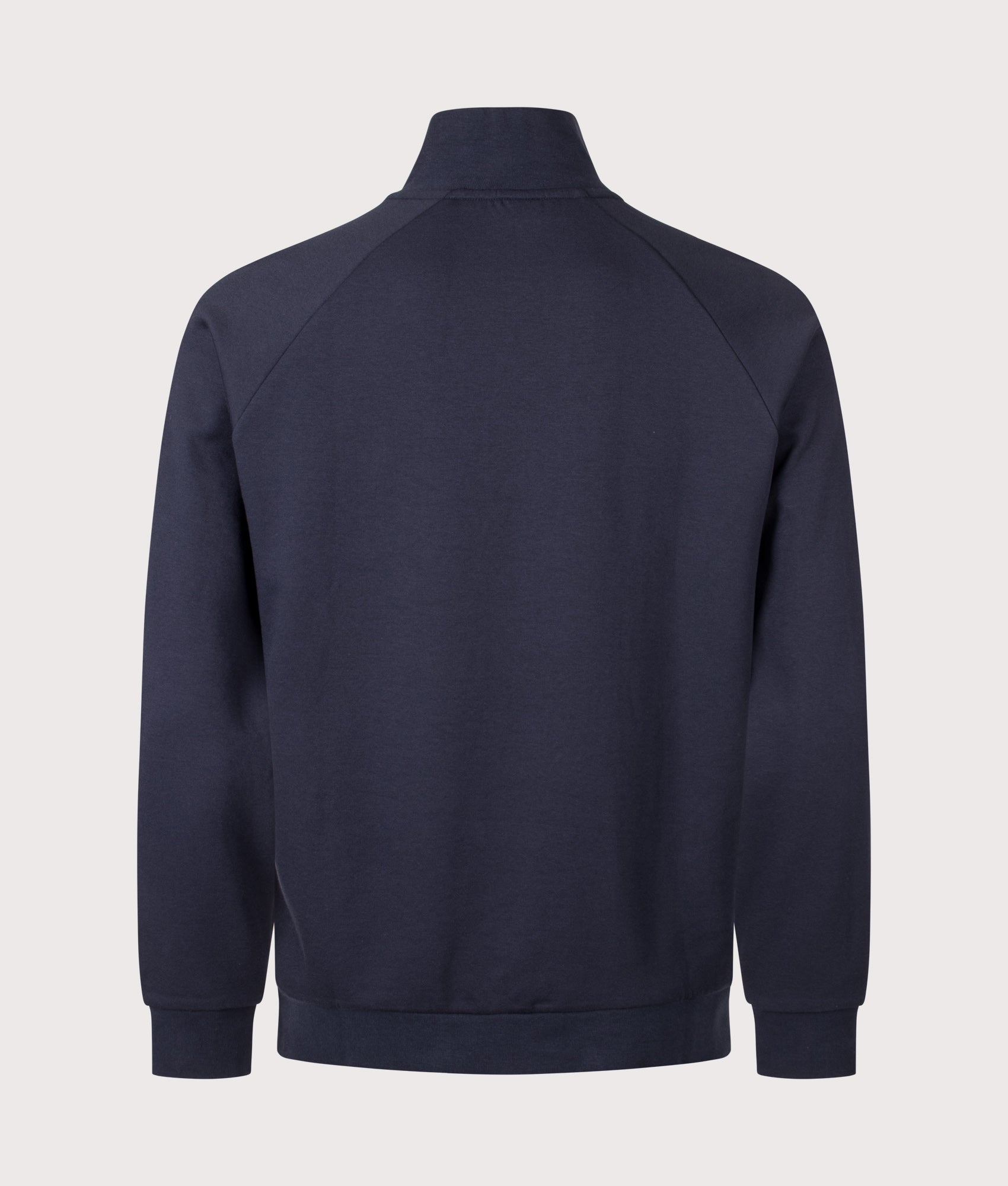 BOSS Regular Fit Sense Quarter Zip Sweatshirt in Dark Blue at EQVVS Menswear. Back shot.