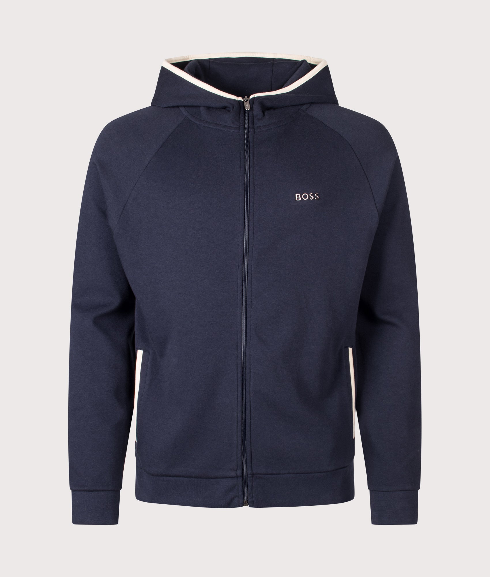 BOSS Regular Fit Sense Zip Through Hoodie in Dark Blue at EQVVS Menswear. Front shot.