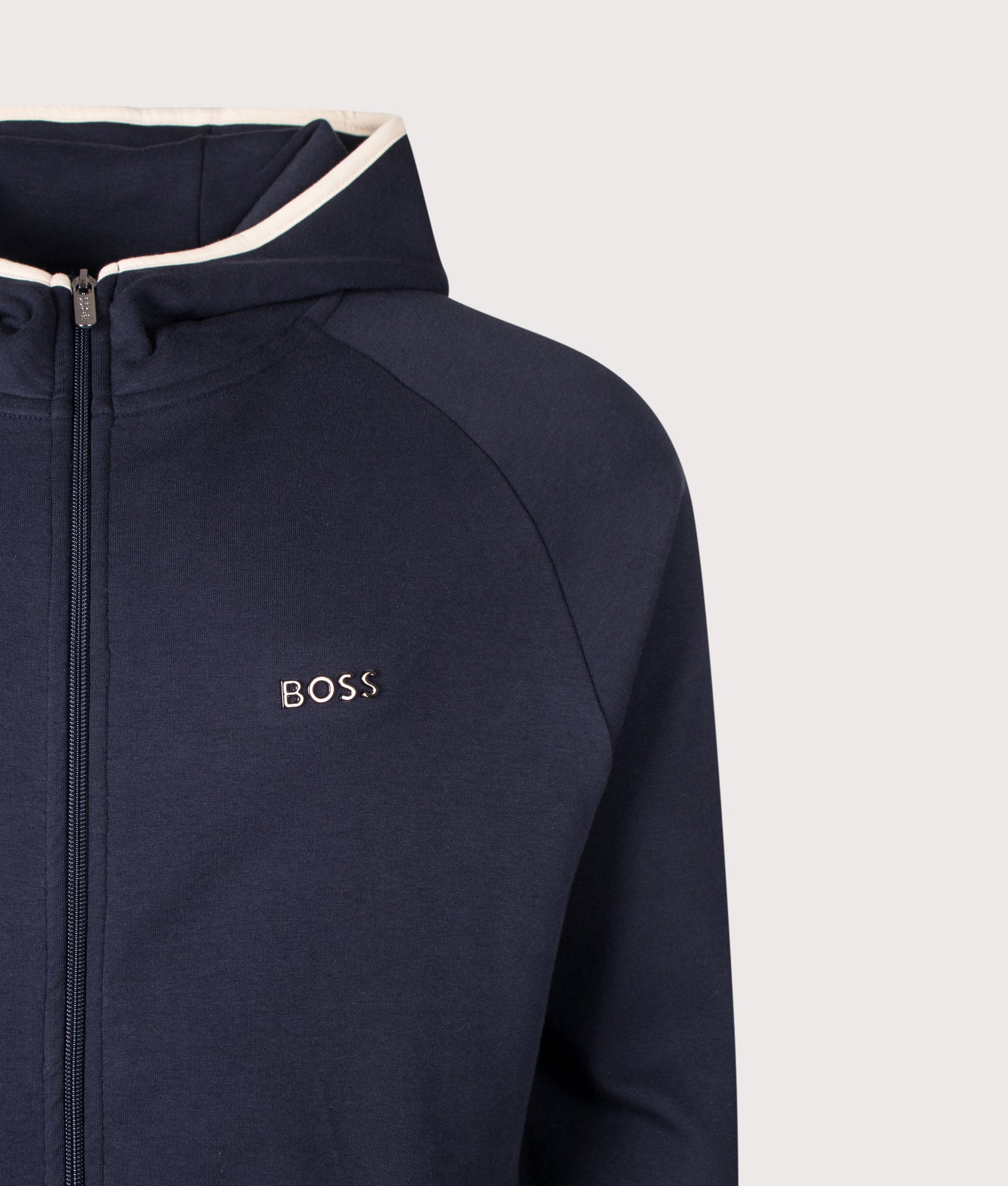 BOSS Regular Fit Sense Zip Through Hoodie in Dark Blue at EQVVS Menswear. Detail shot.