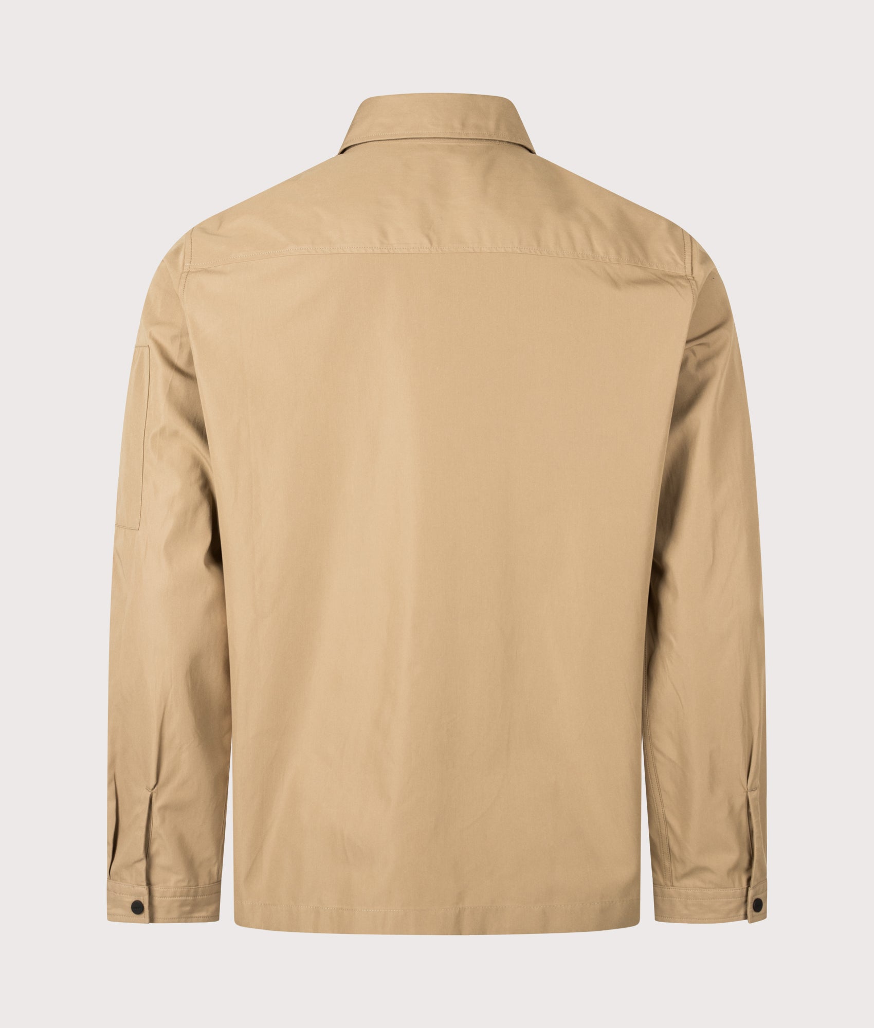 HUGO Relaxed Fit Emmond Zip Through Overshirt in Beige Overflow at EQVVS Menswear. Back shot.