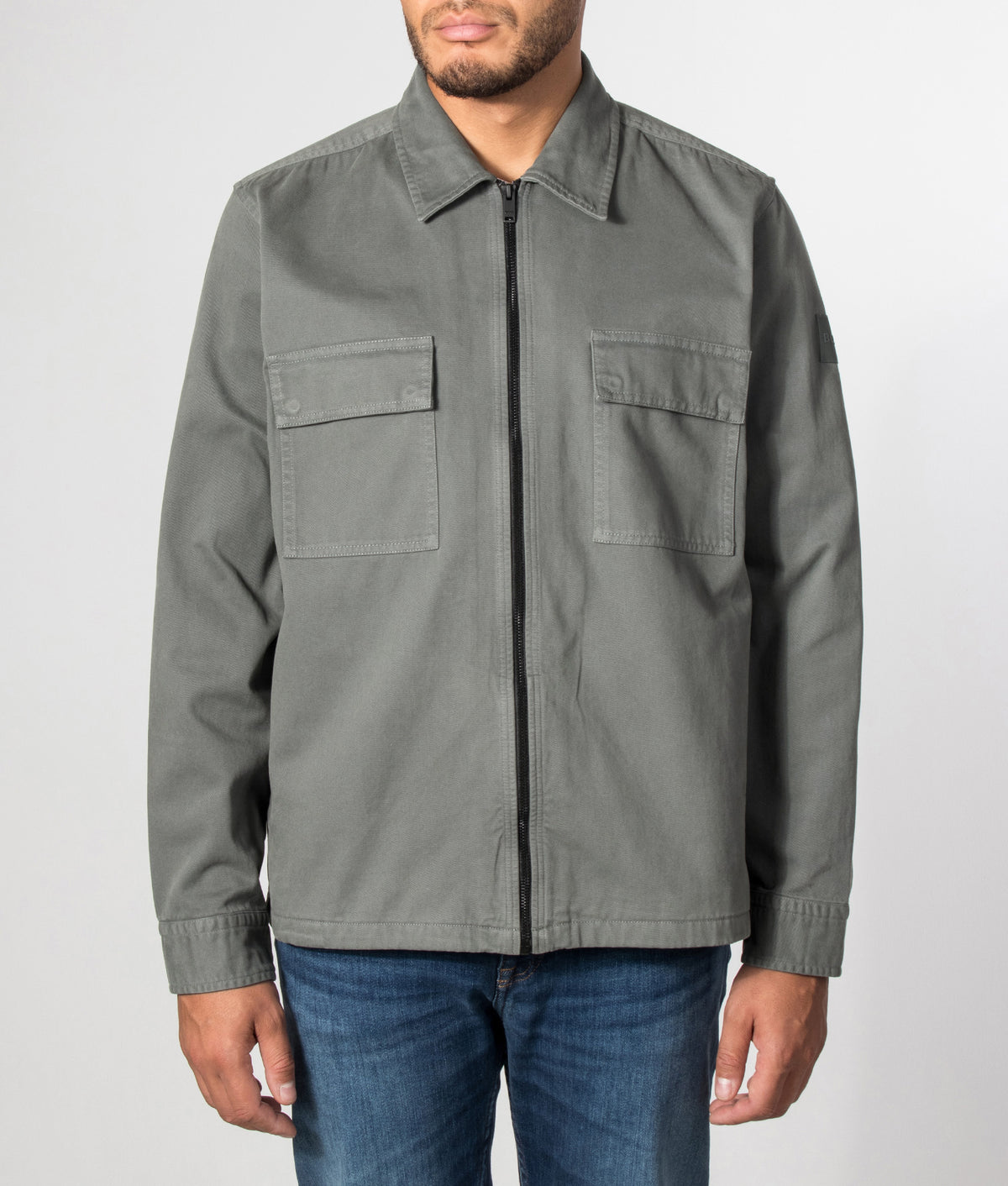 BOSS Oversized Fit Lorum Shirt in Open Green at EQVVS Menswear. Model front shot.