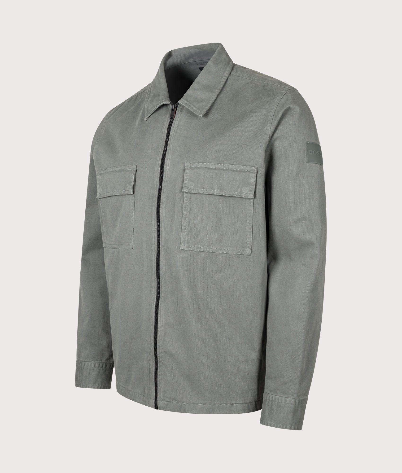 BOSS Oversized Fit Lorum Shirt in Open Green at EQVVS Menswear. Angled front shot.
