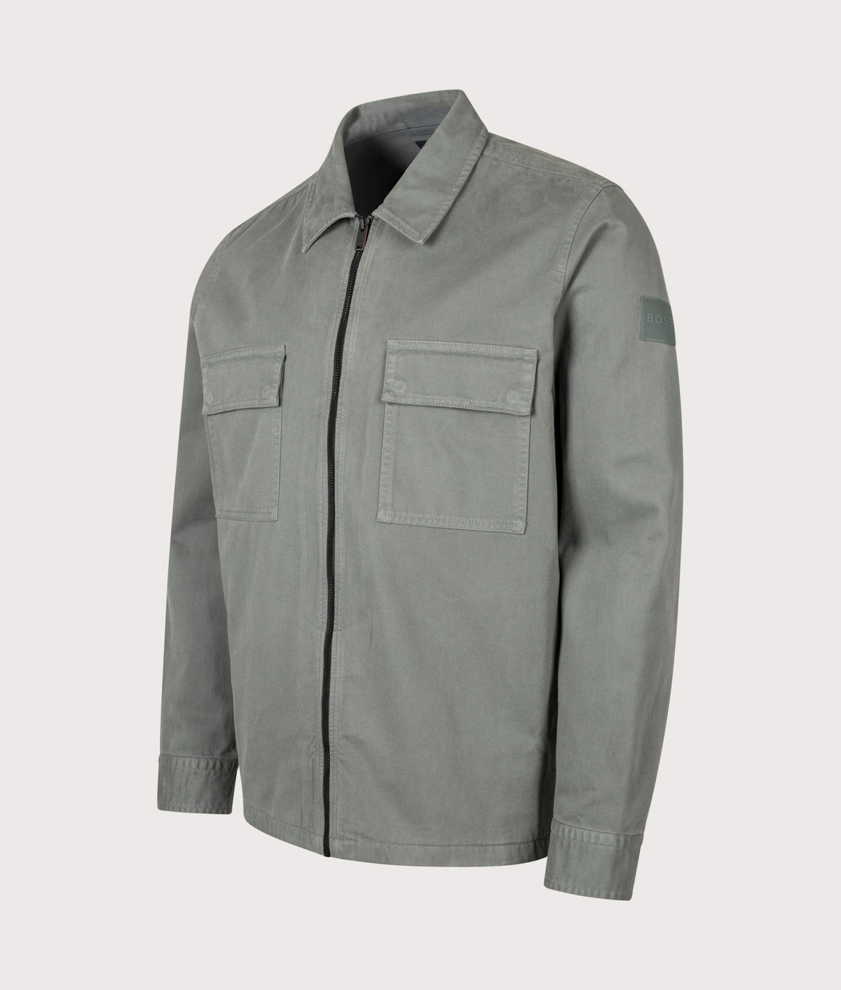 BOSS Oversized Fit Lorum Shirt in Open Green at EQVVS Menswear. Angled front shot.