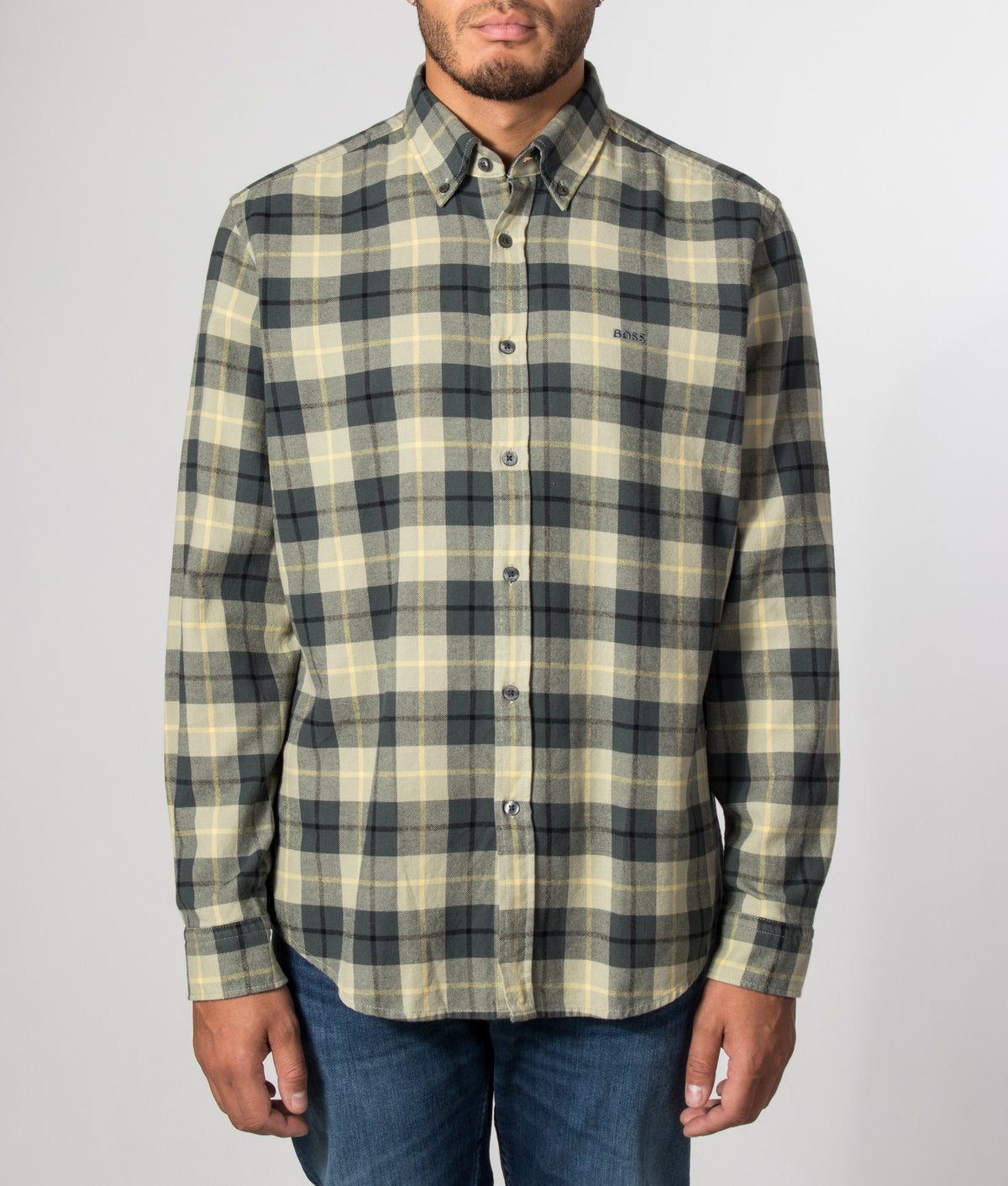 BOSS Regular Fit Rickert M Plaid Shirt in Open Green at EQVVS Menswear. Model front shot.