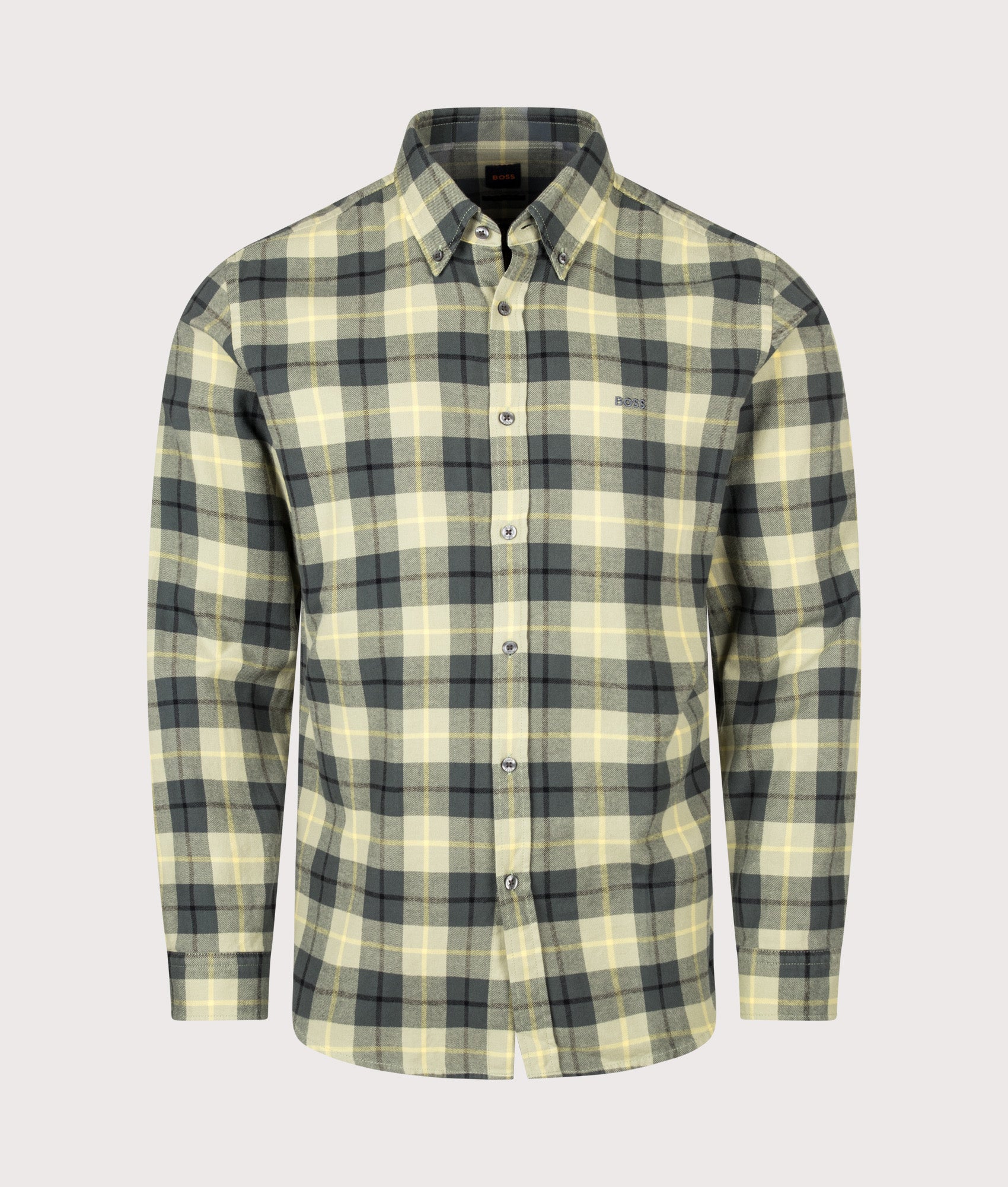 BOSS Regular Fit Rickert M Plaid Shirt in Open Green at EQVVS Menswear. Front shot.