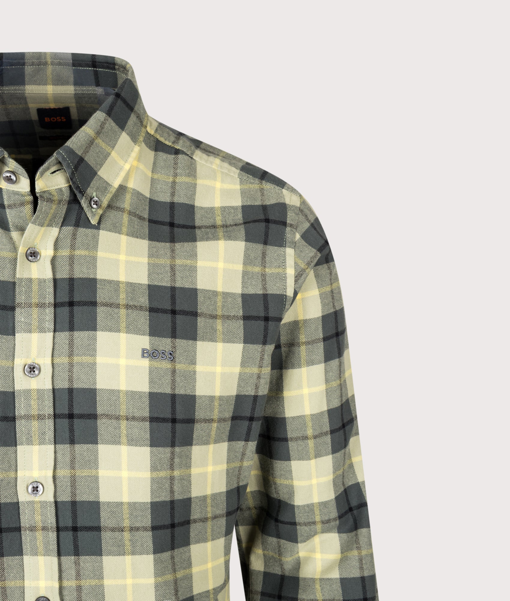 BOSS Regular Fit Rickert M Plaid Shirt in Open Green at EQVVS Menswear. Detail shot.