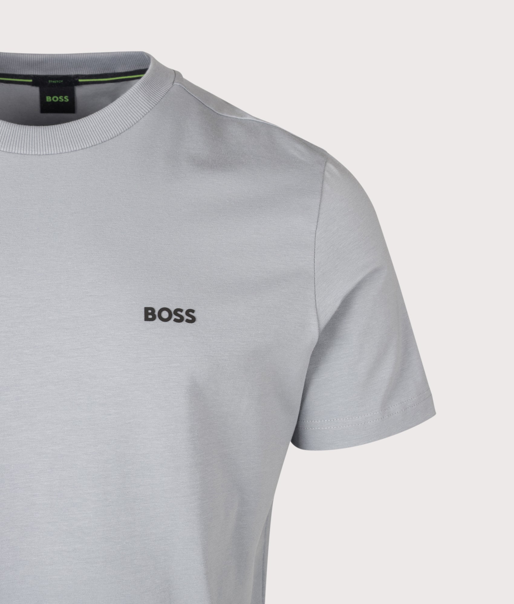 BOSS Regular Fit Crew Neck Tee T-Shirt in Dark Grey at EQVVS Menswear. Detail shot.