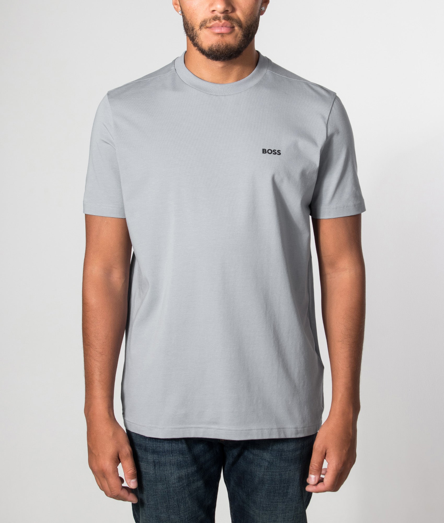 BOSS Regular Fit Crew Neck Tee T-Shirt in Dark Grey at EQVVS Menswear. Model front shot.