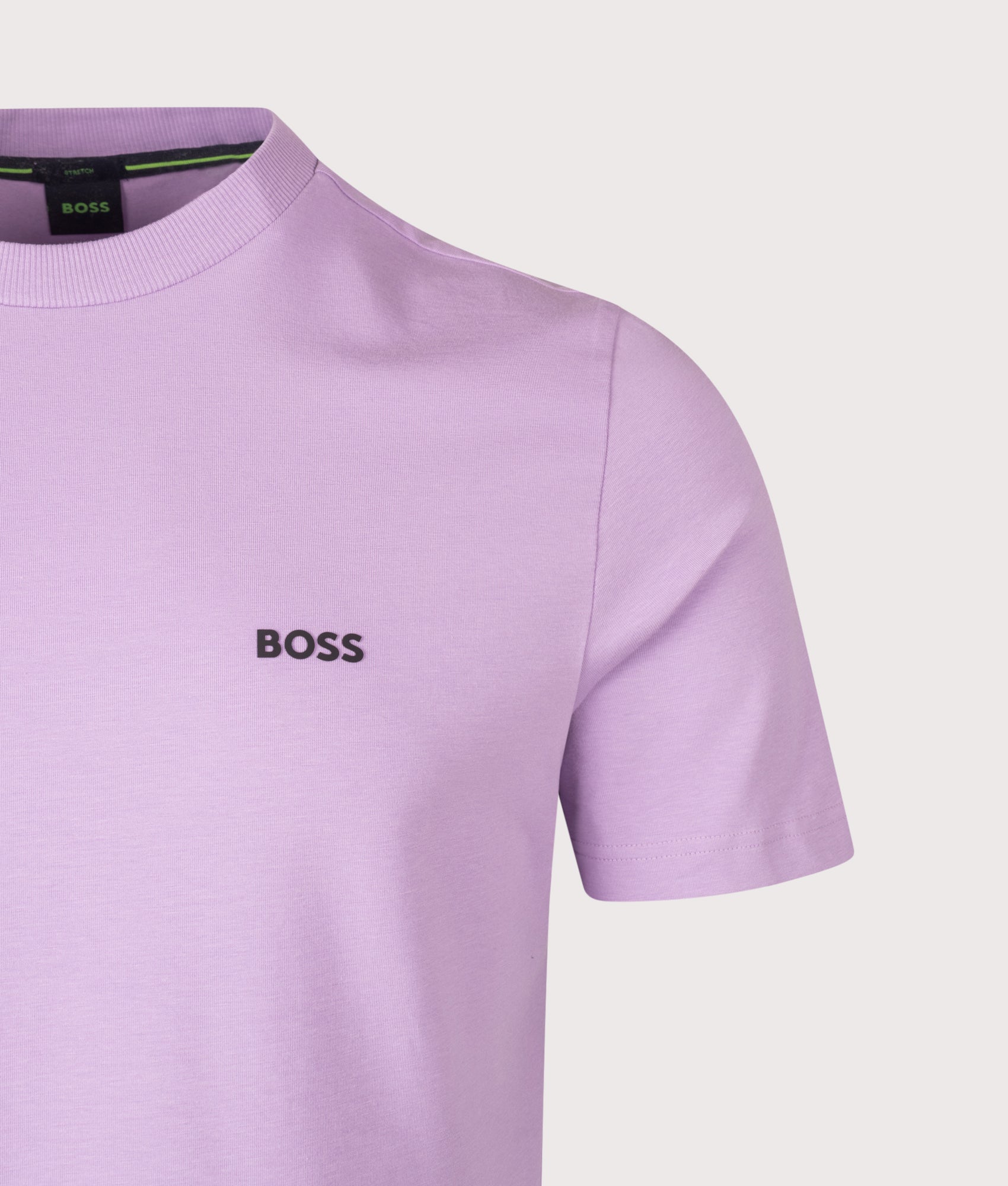 BOSS Crew Neck Tee T-Shirt in Light/Pastel Purple at EQVVS Menswear. Detail shot.