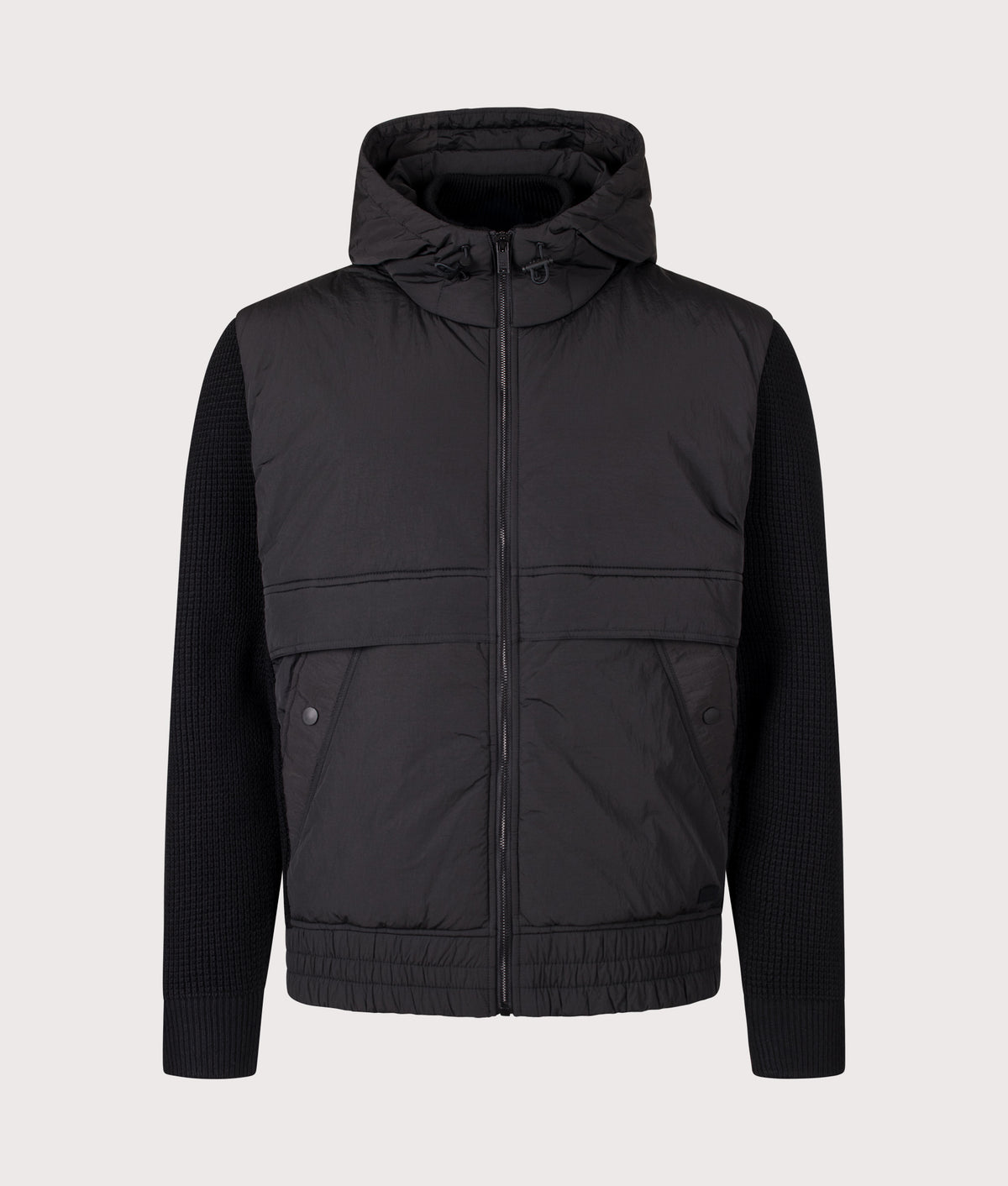 BOSS Relaxed Fit Kobrydo Hooded Hybrid Jacket in Black at EQVVS Menswear. Front shot.