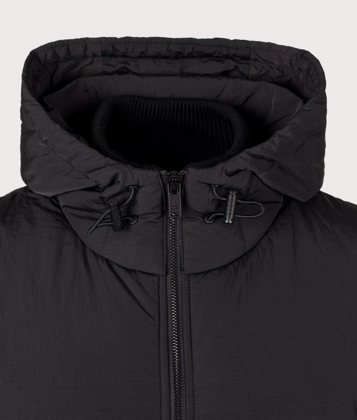 BOSS Relaxed Fit Kobrydo Hooded Hybrid Jacket in Black at EQVVS Menswear. Hood detail shot.