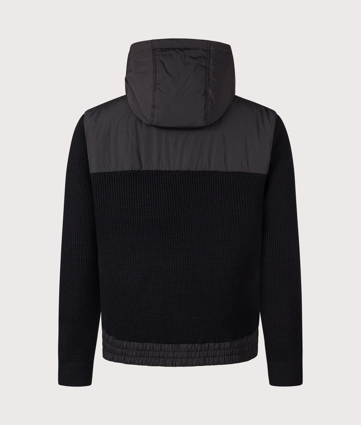 BOSS Relaxed Fit Kobrydo Hooded Hybrid Jacket in Black at EQVVS Menswear. Back shot.