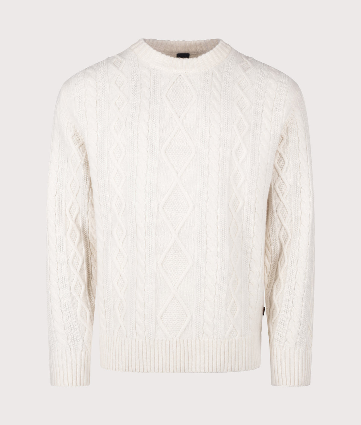 BOSS Relaxed Fit Atreccio Jumper in Open White at EQVVS Menswear. Front shot.