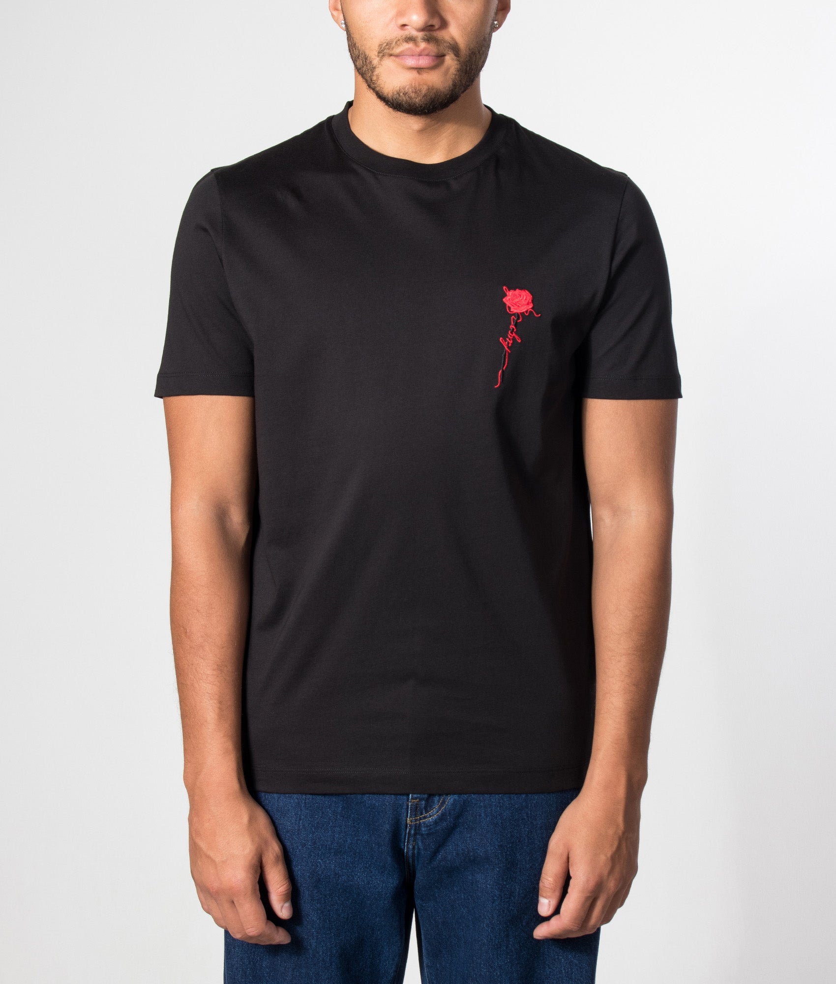 HUGO Regular Fit Diflow T-Shirt in Black at EQVVS Menswear. Model front shot.