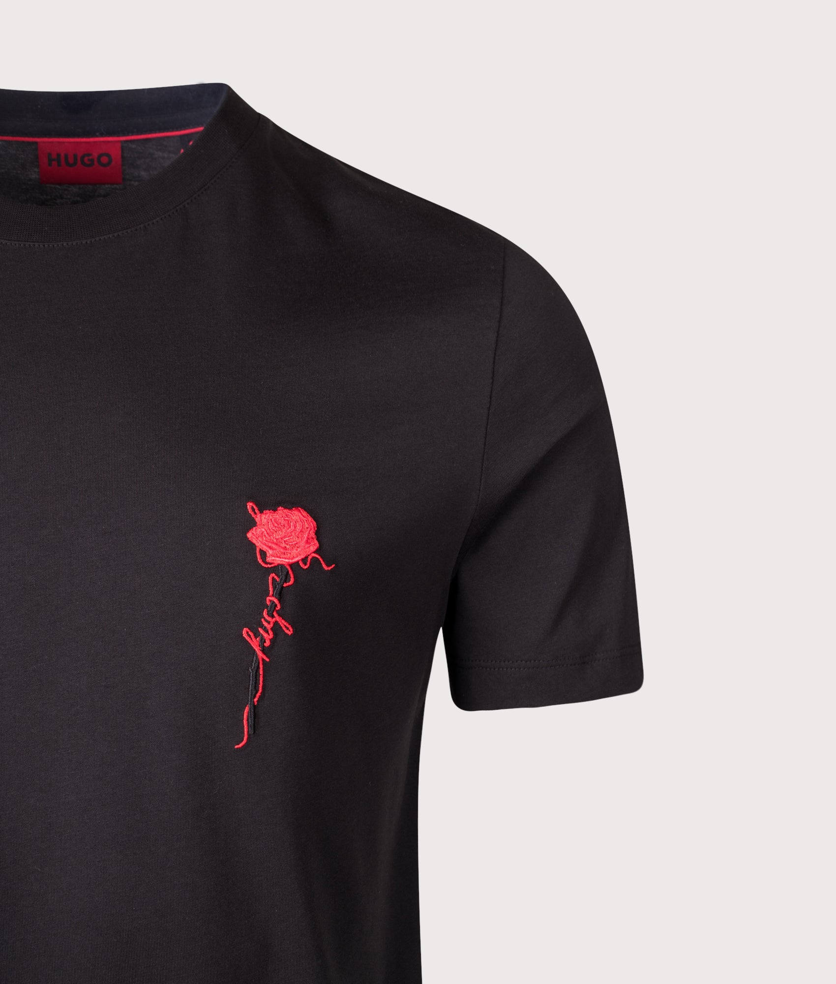 HUGO Regular Fit Diflow T-Shirt in Black at EQVVS Menswear. Detail shot.