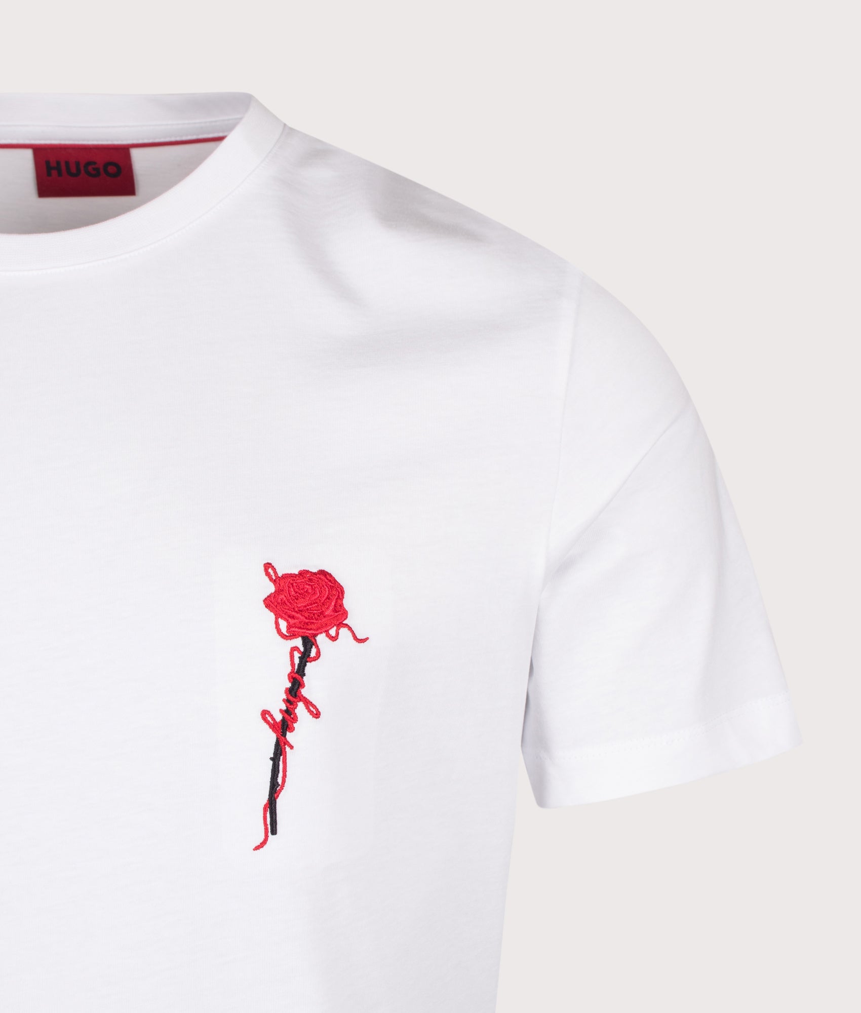 HUGO Regular Fit Diflow T-Shirt in White at EQVVS Menswear. Detail shot.