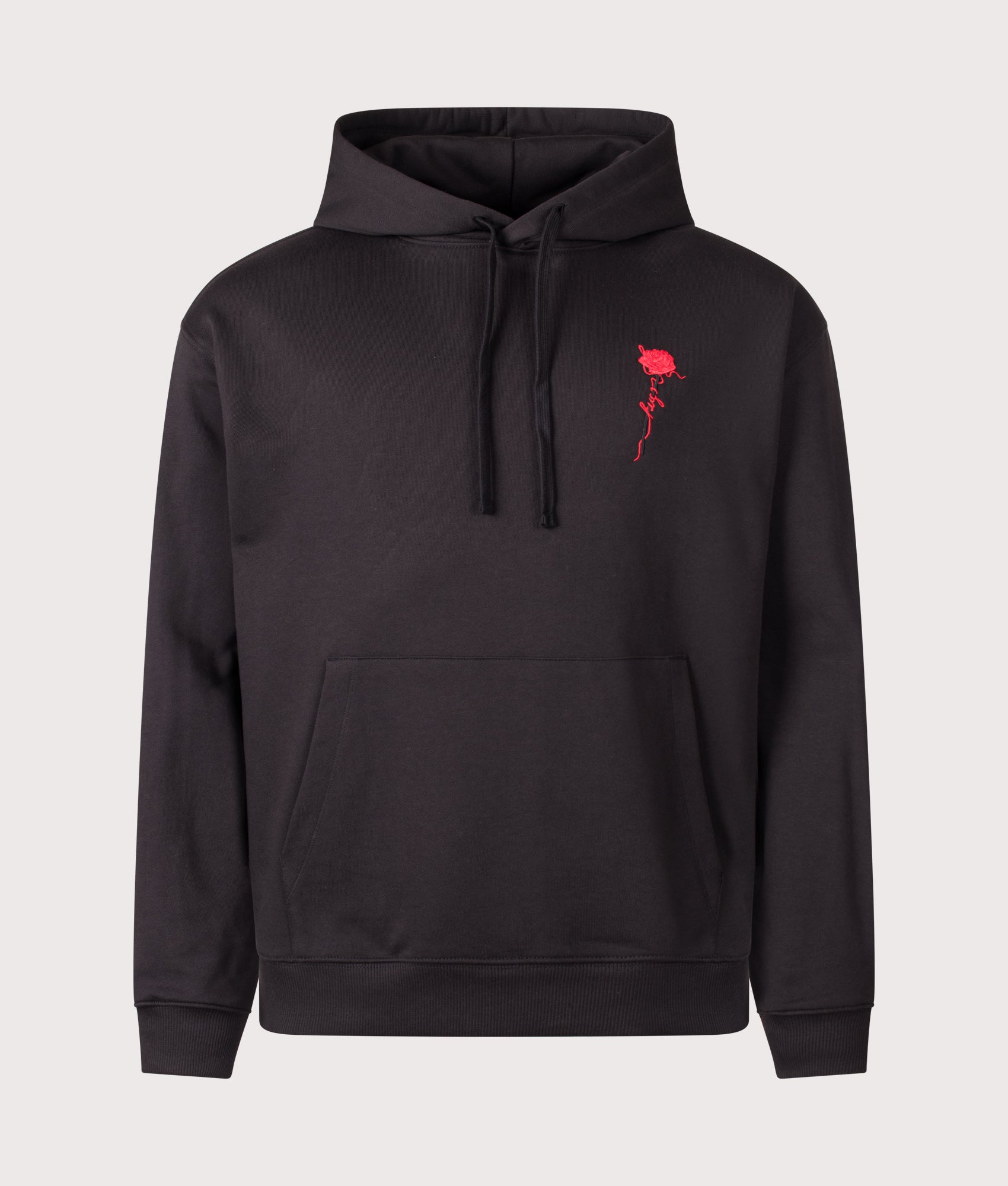 HUGO Relaxed Fit Diflow Hoodie in Black at EQVVS Menswear. Front shot.