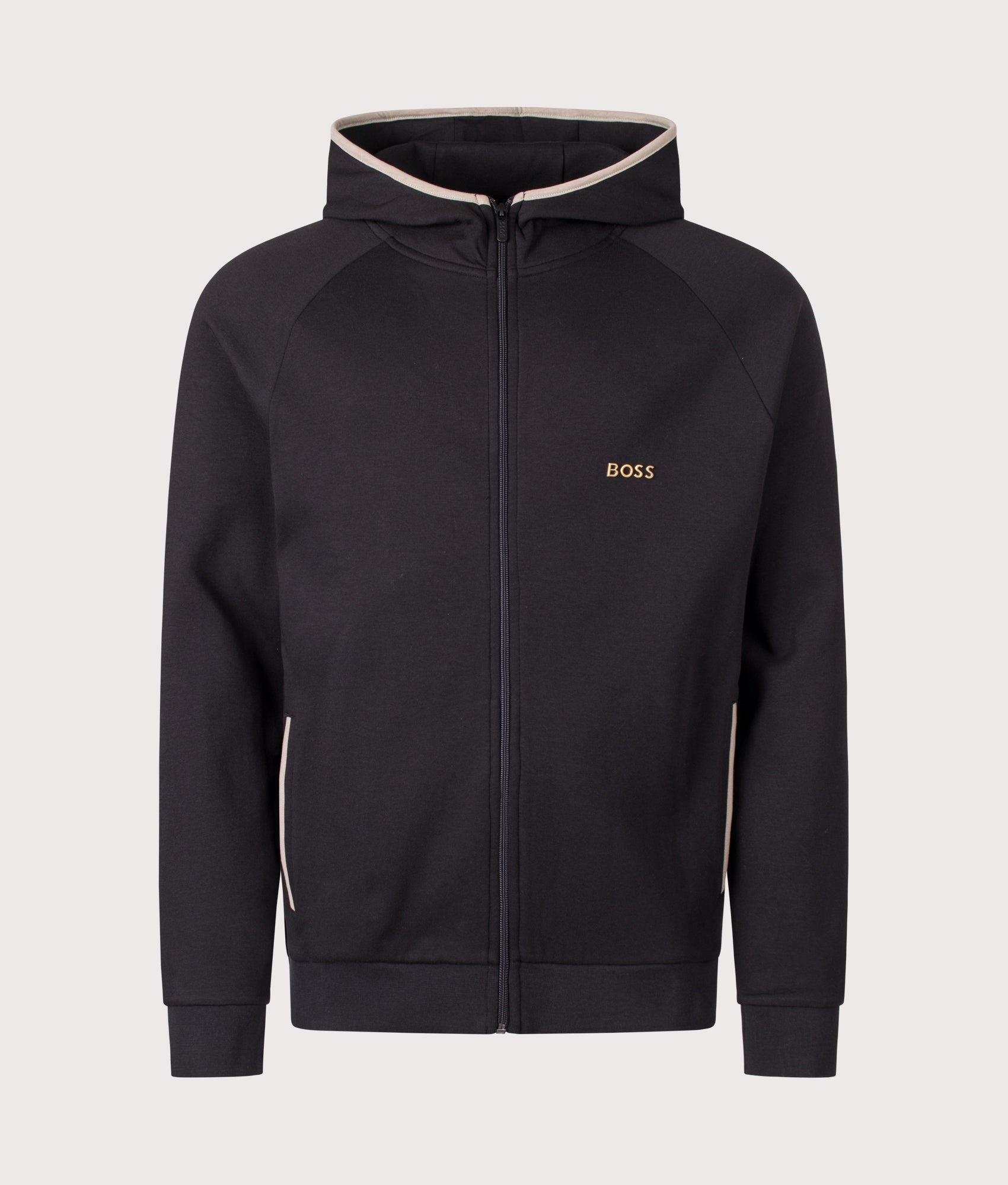 BOSS Regular Fit Sense Zip Through Hoodie in Black at EQVVS Menswear. Front shot.