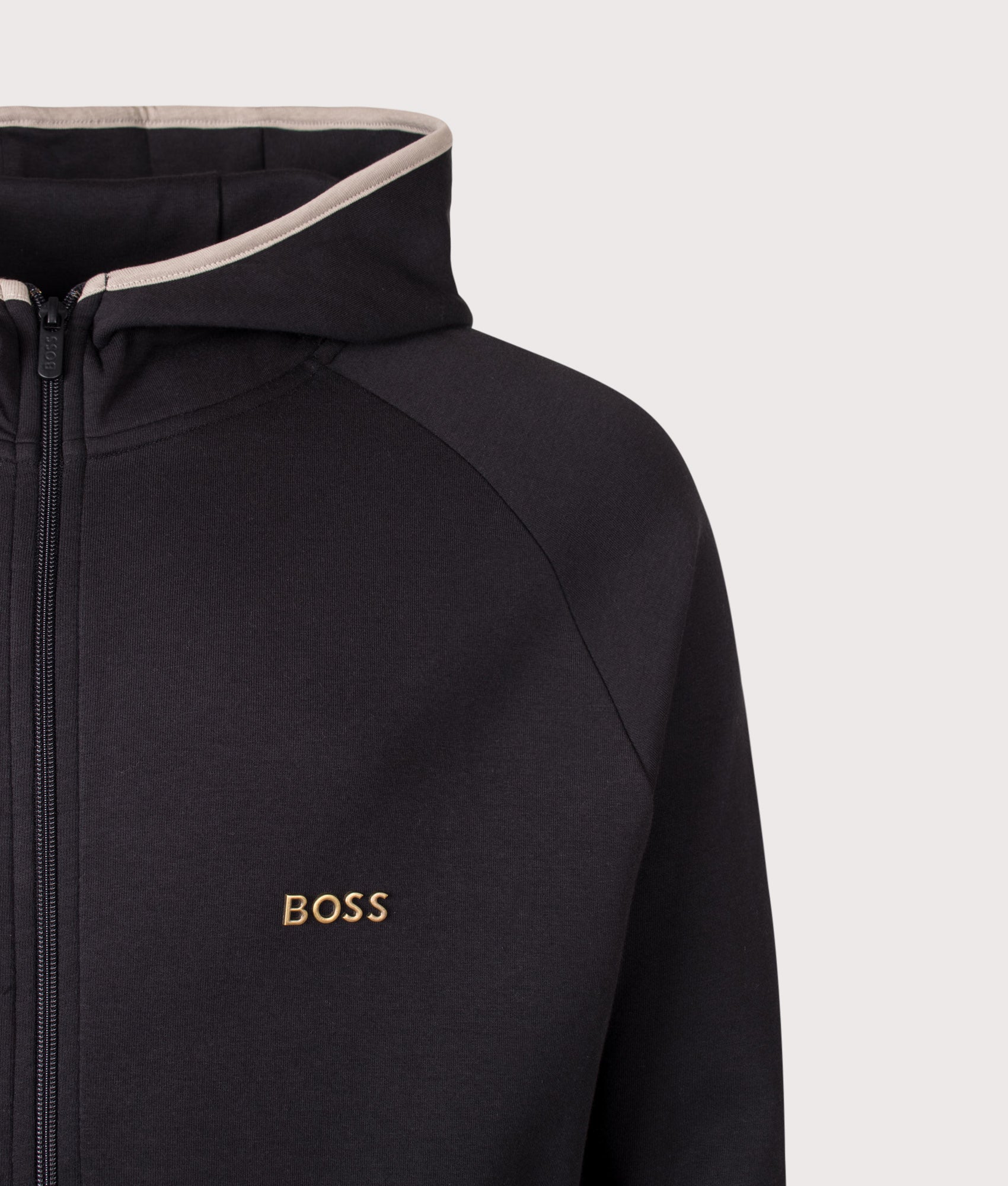 BOSS Regular Fit Sense Zip Through Hoodie in Black at EQVVS Menswear. Detail shot.