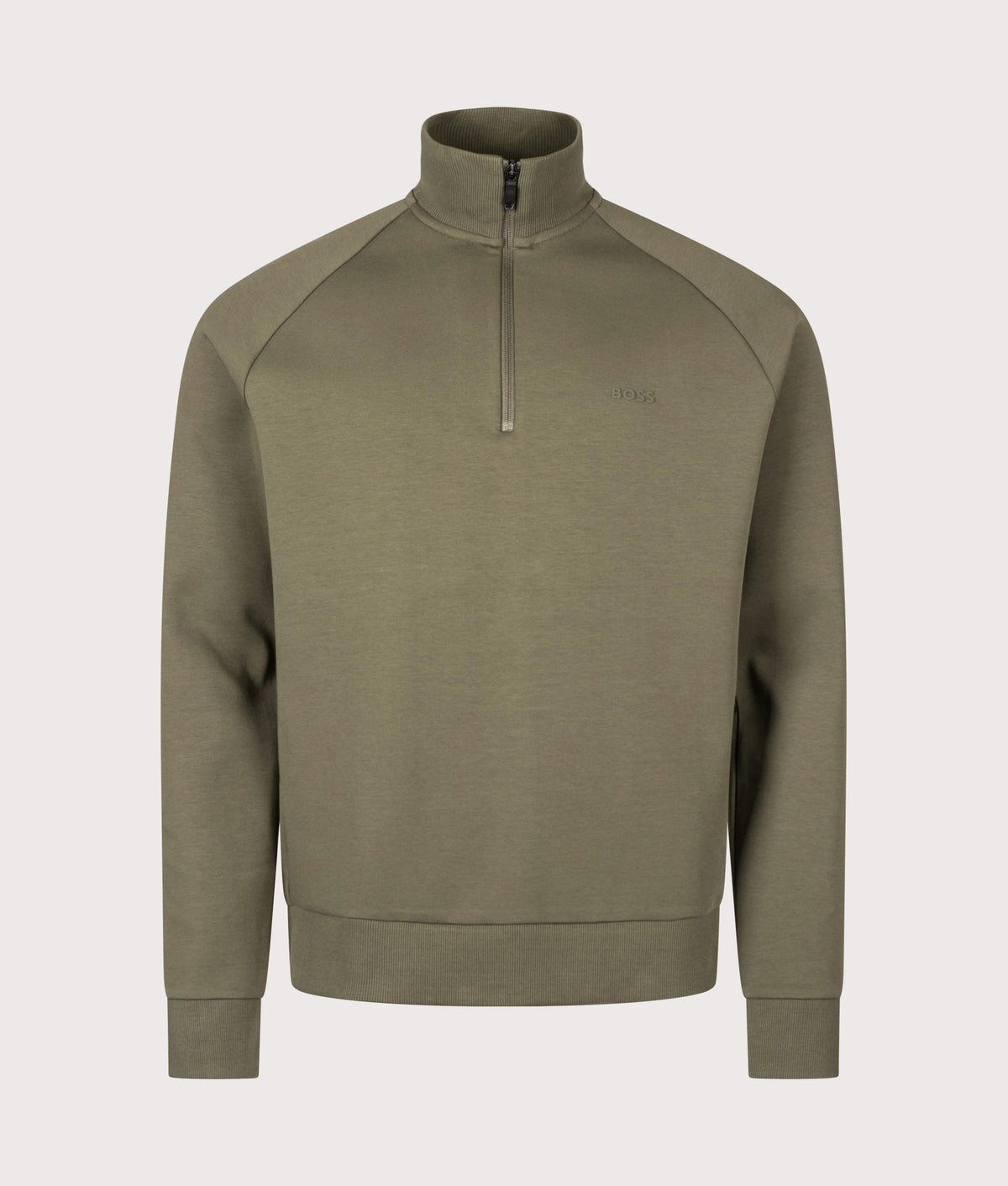 BOSS Regular Fit Quarter Zip Sweatshirt in Open Green at EQVVS Menswear. Front shot.