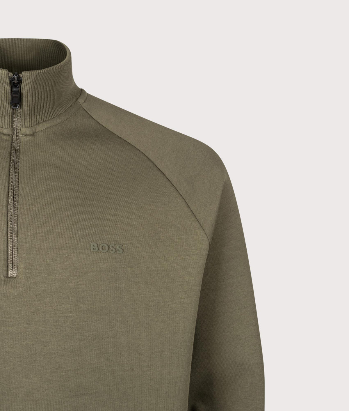 BOSS Regular Fit Quarter Zip Sweatshirt in Open Green at EQVVS Menswear. Detail shot.
