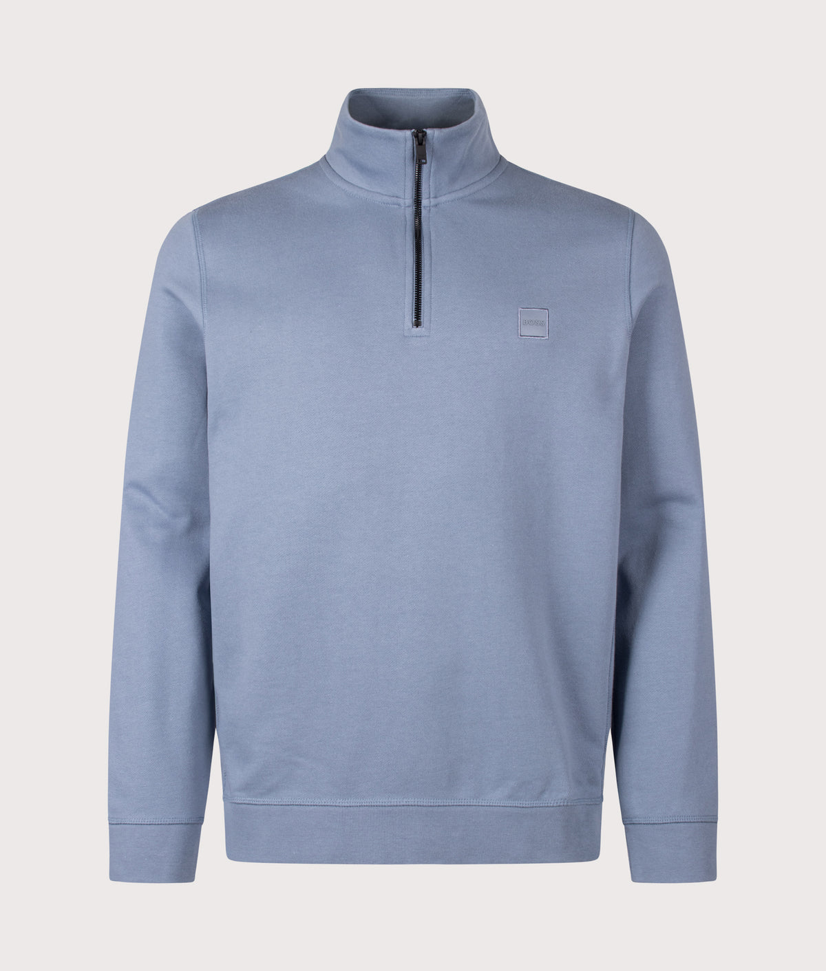BOSS Regular Fit Zetrust Quarter Zip Sweatshirt in Medium Blue at EQVVS Menswear. Front shot.