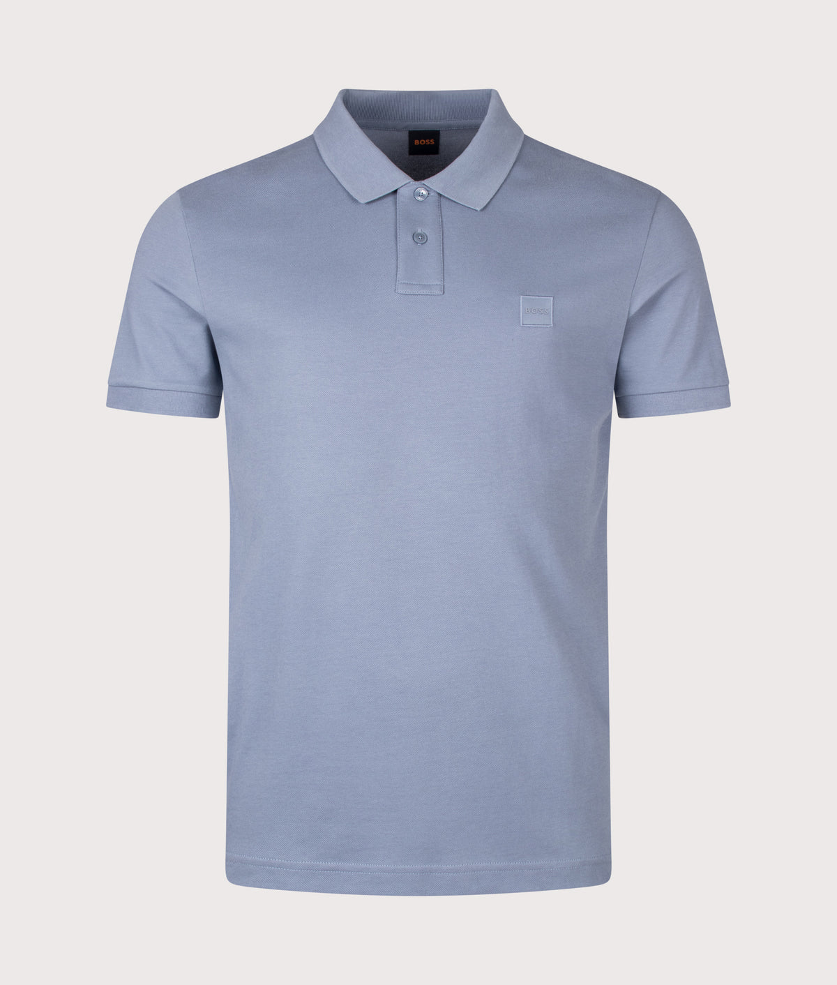 BOSS Slim Fit Passenger Polo Shirt in Medium Blue at EQVVS Menswear. Front shot.