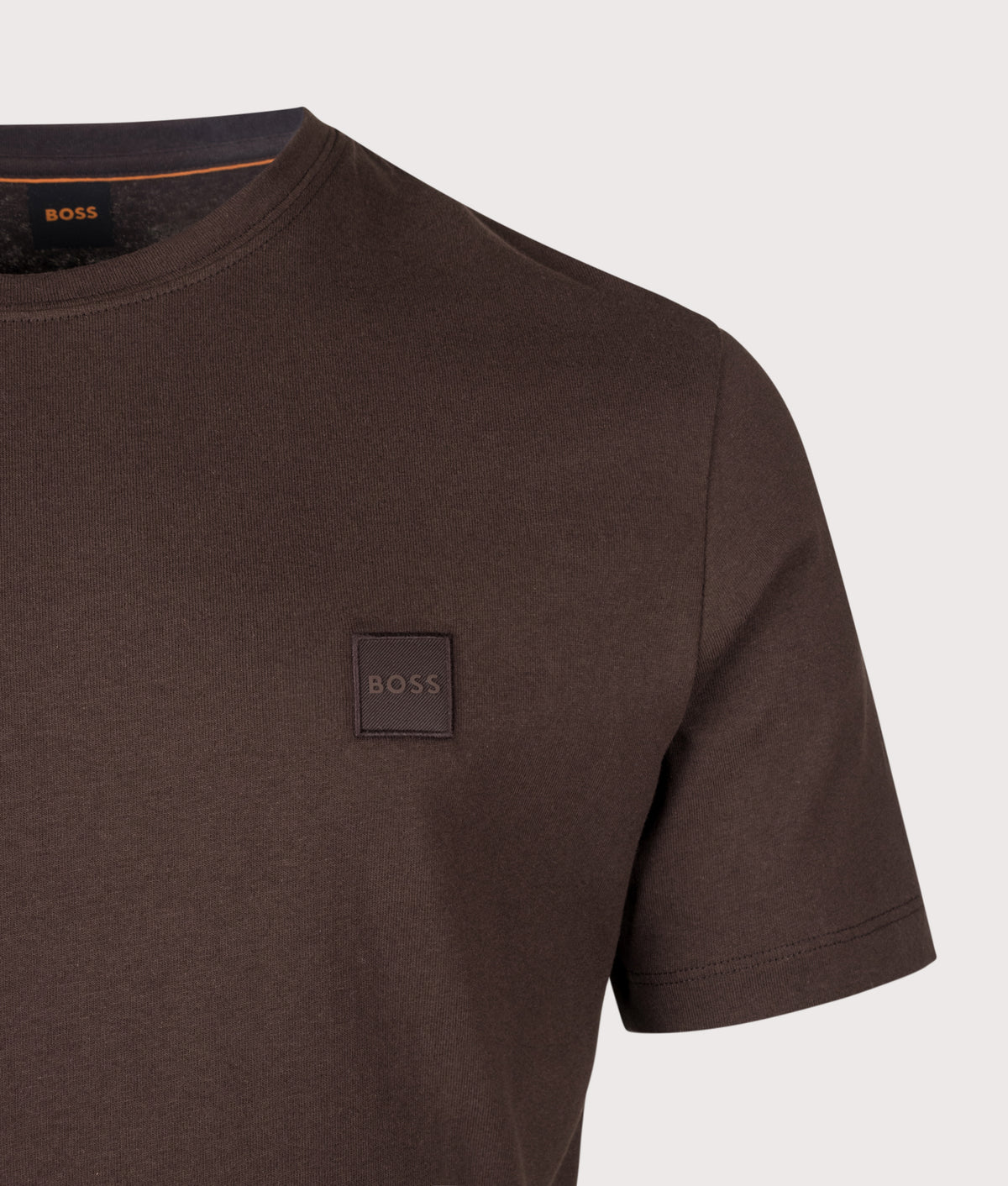 BOSS Regular Fit Tales T-Shirt in Dark Brown at EQVVS Menswear. Detail shot.