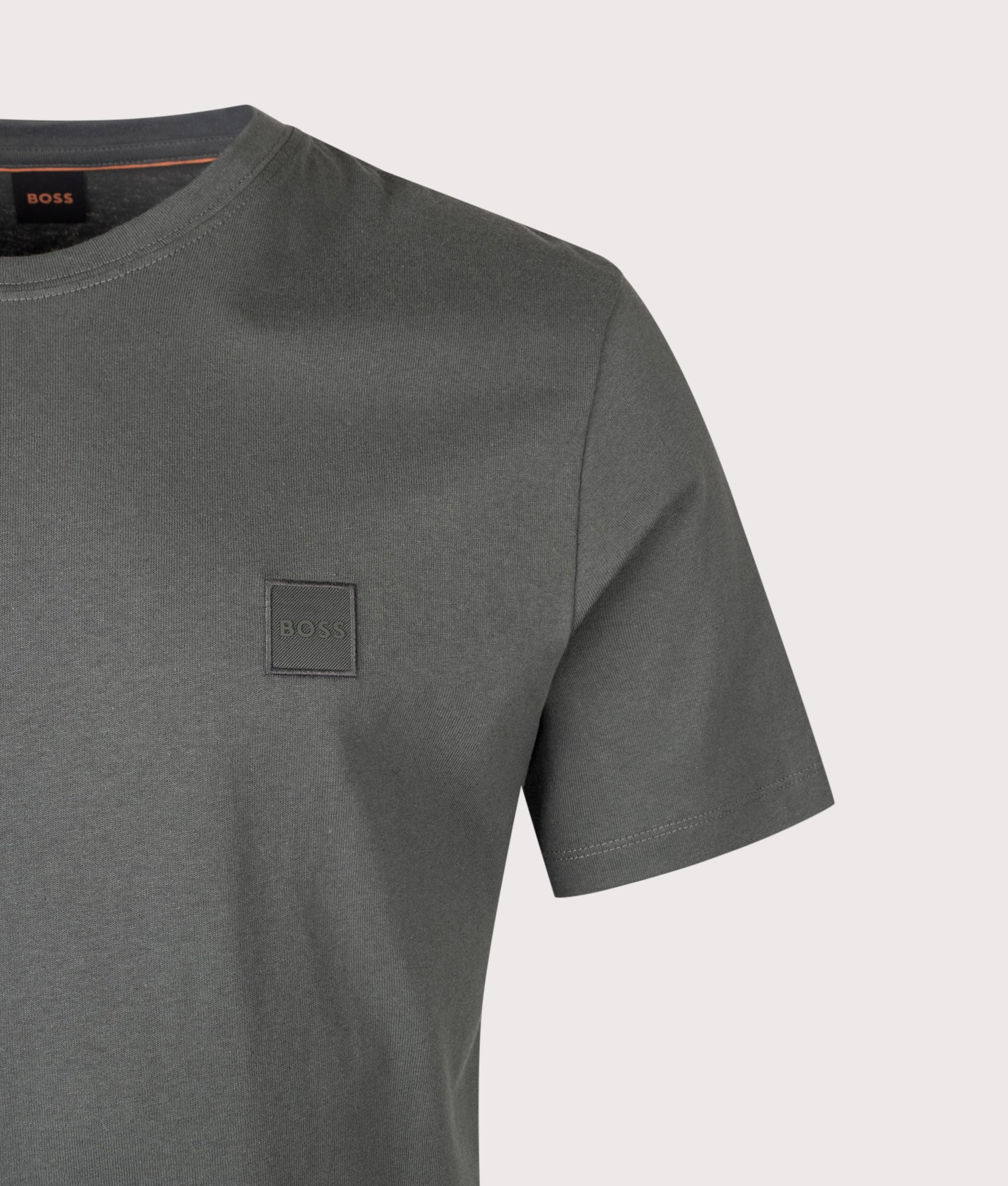 BOSS Regular Fit Tales T-Shirt in Open Green at EQVVS Menswear. Detail shot.