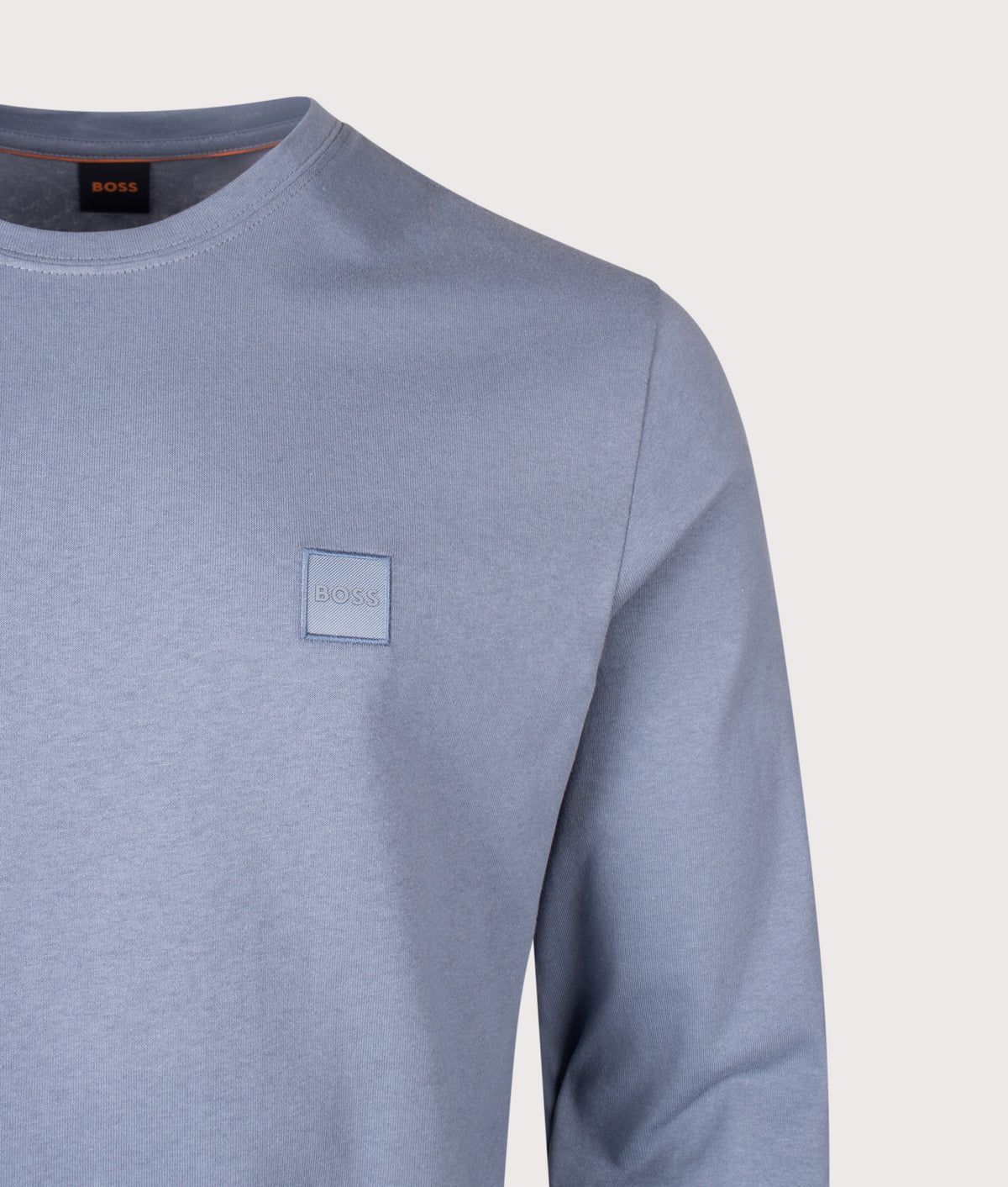 BOSS Regular Fit Long Sleeve Tacks T-Shirt in Medium Blue at EQVVS Menswear. Detail shot.