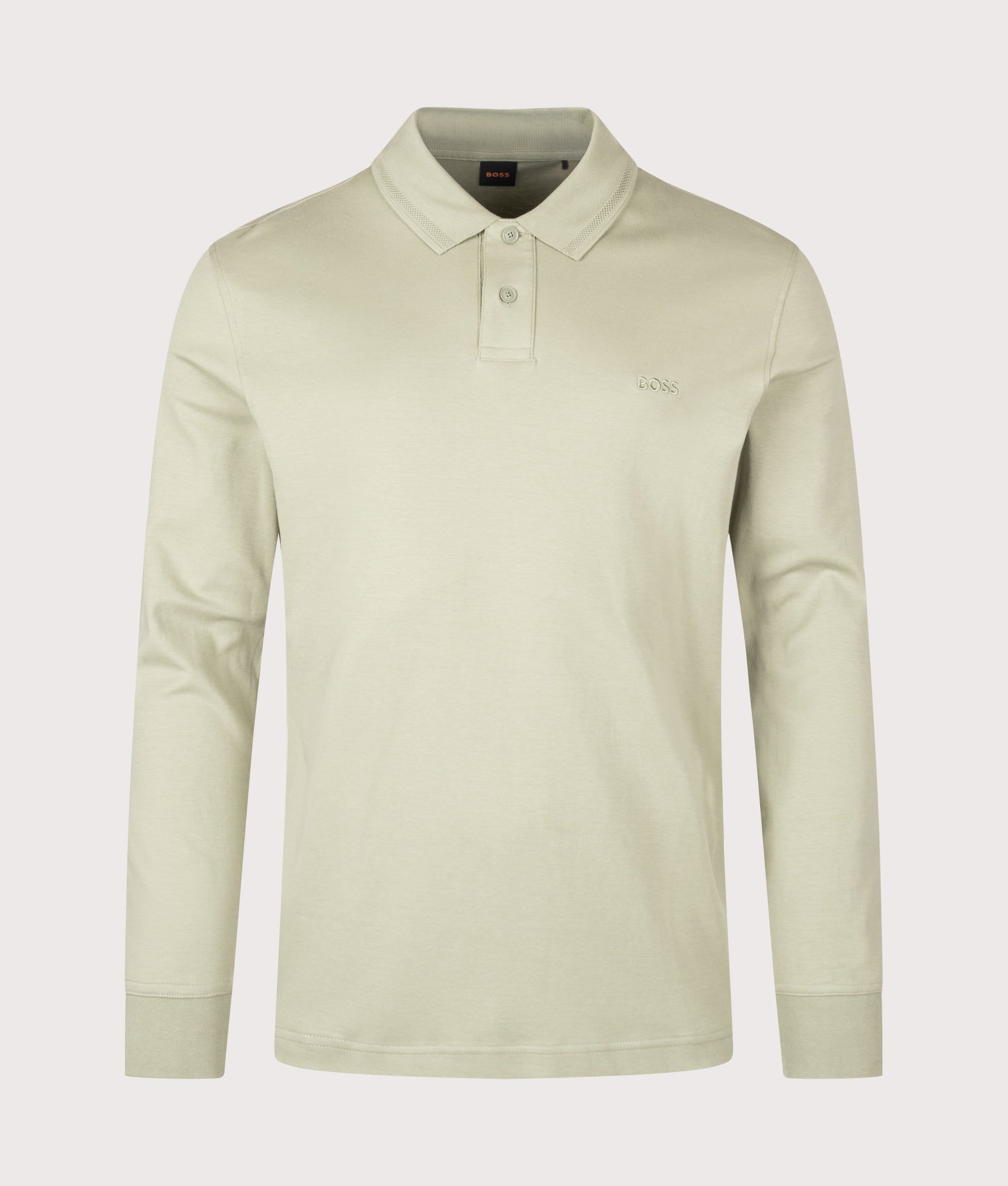 BOSS Regular Fit Piqué Interlock Long Sleeve Polo Shirt in Open Green at EQVVS Menswear. Front shot.