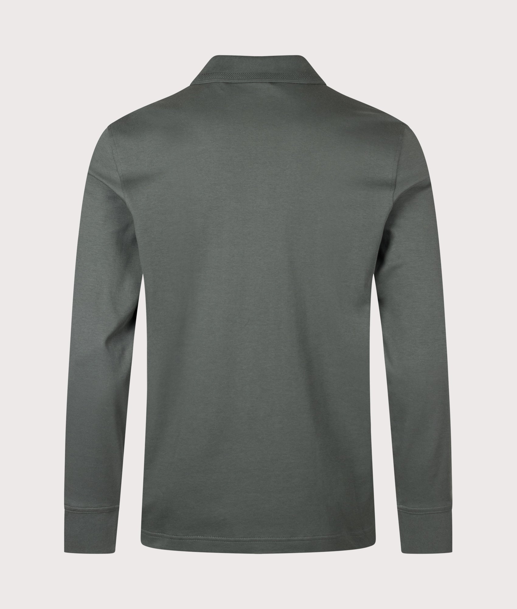 BOSS Regular Fit Piqué Interlock Long Sleeve Polo Shirt in Open Green at EQVVS Menswear. Back shot.