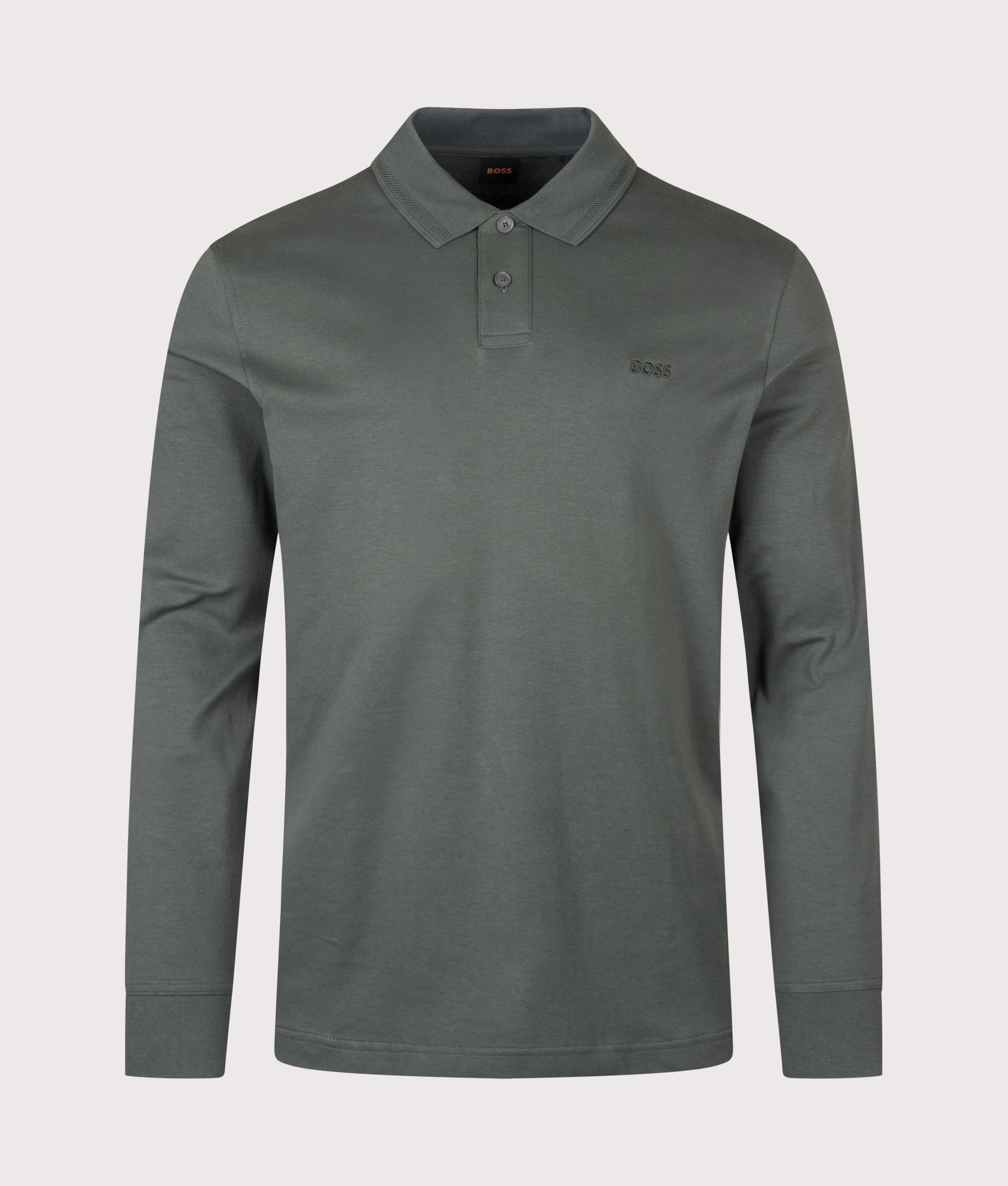 BOSS Regular Fit Piqué Interlock Long Sleeve Polo Shirt in Open Green at EQVVS Menswear. Front shot.