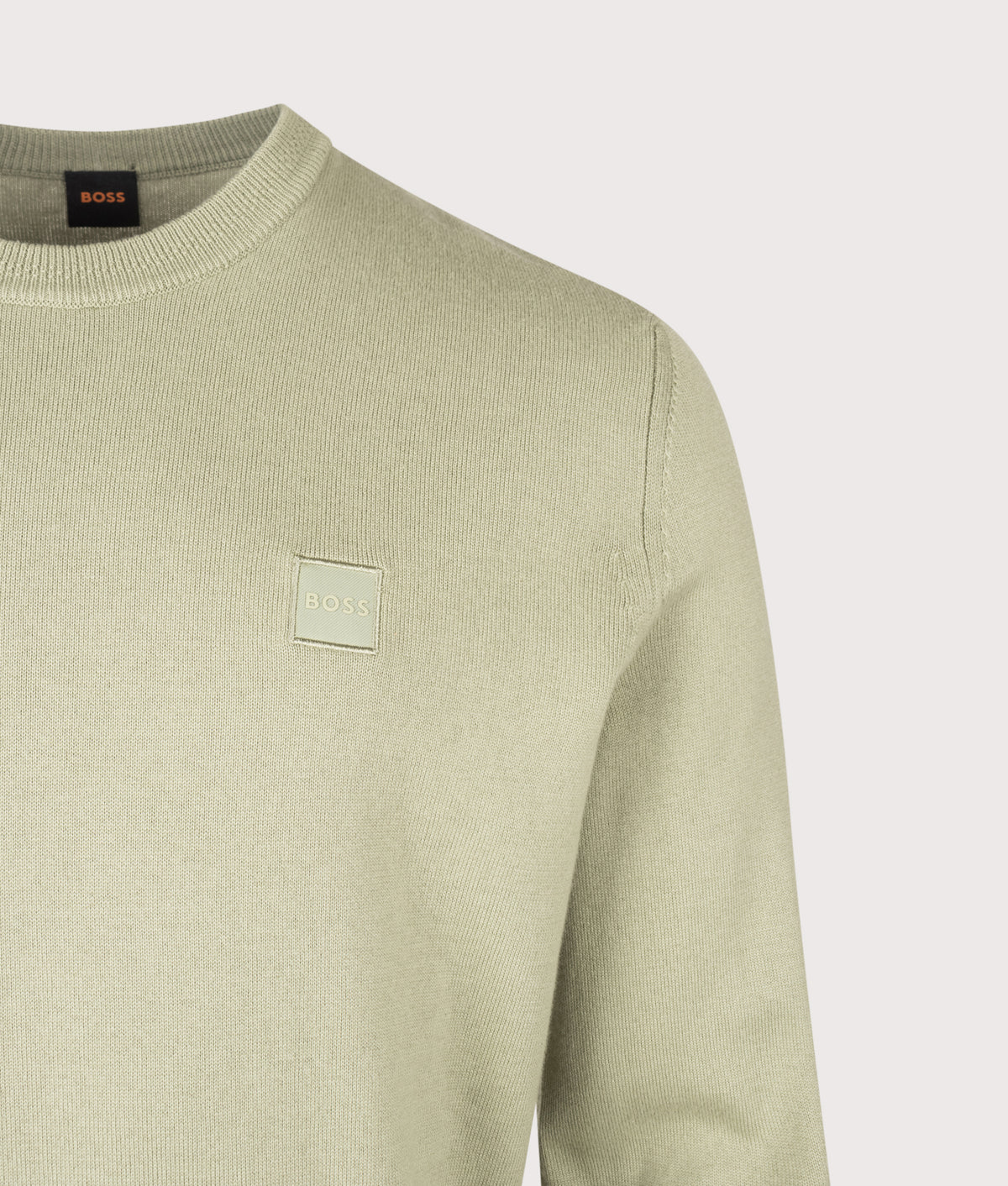BOSS Regular Fit Kanovano Knitted Jumper in Open Green at EQVVS Menswear. Detail shot.
