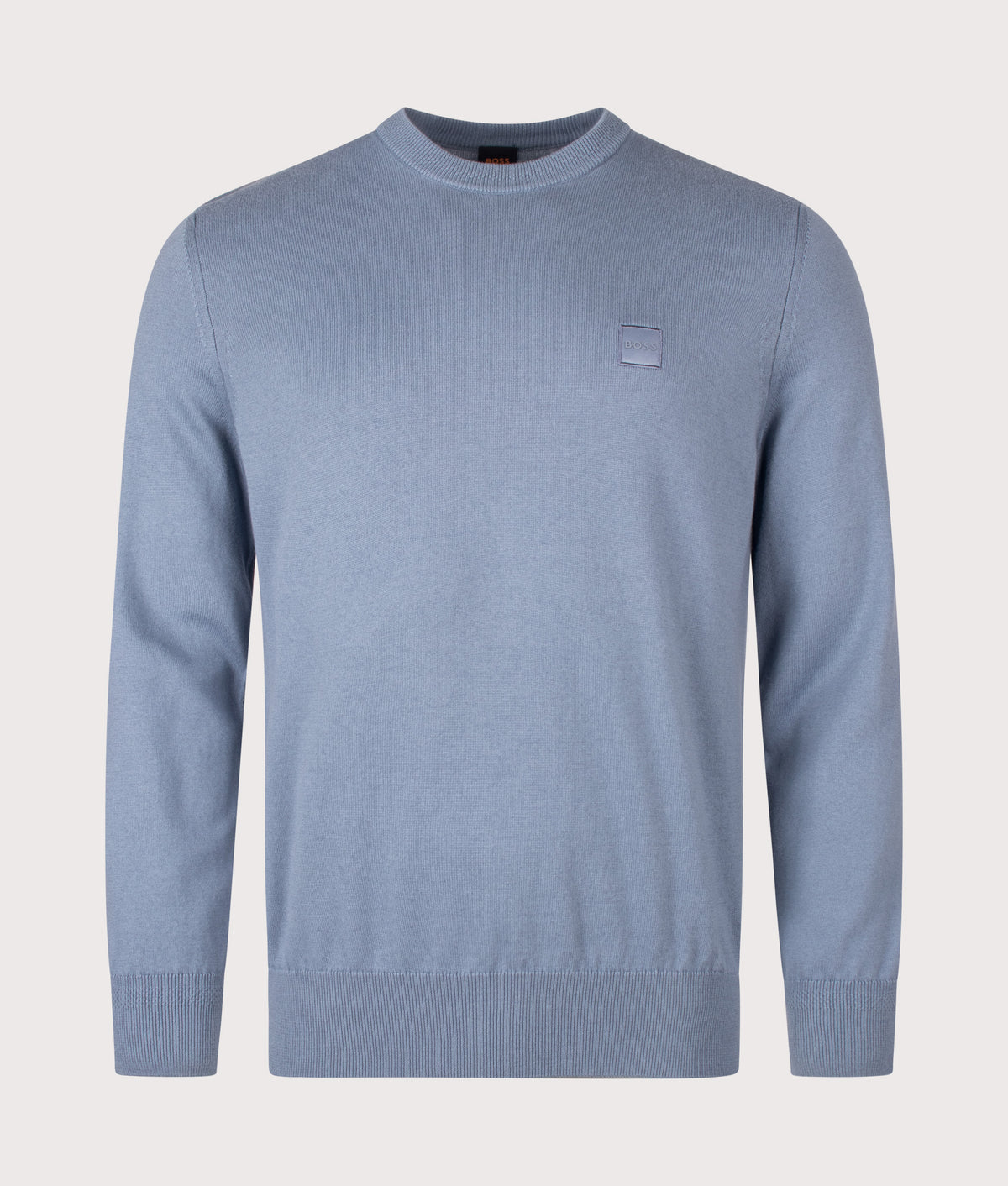 BOSS Regular Fit Kanovano Knitted Jumper in Medium Blue at EQVVS Menswear. Front shot.