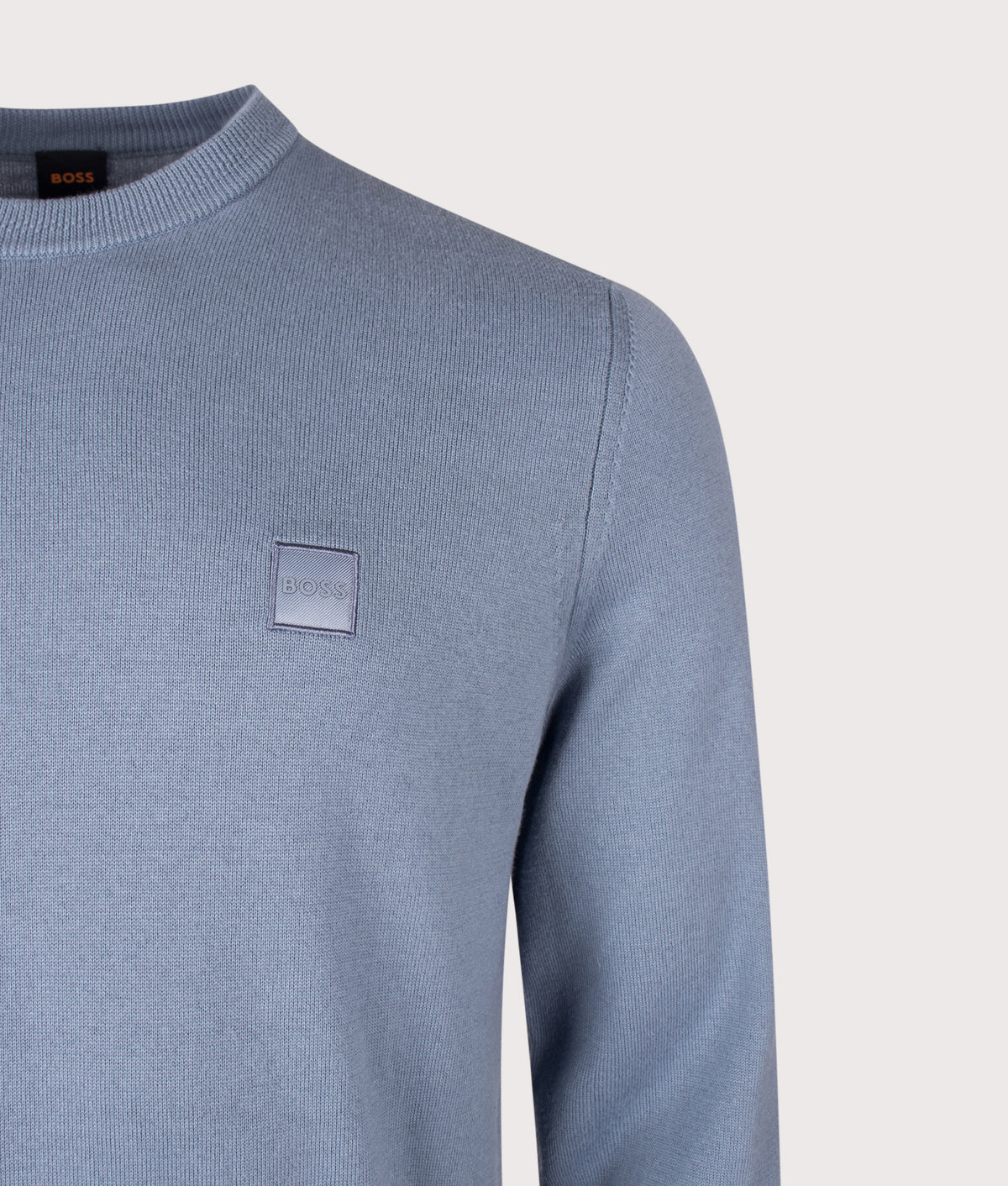 BOSS Regular Fit Kanovano Knitted Jumper in Medium Blue at EQVVS Menswear. Detail shot.