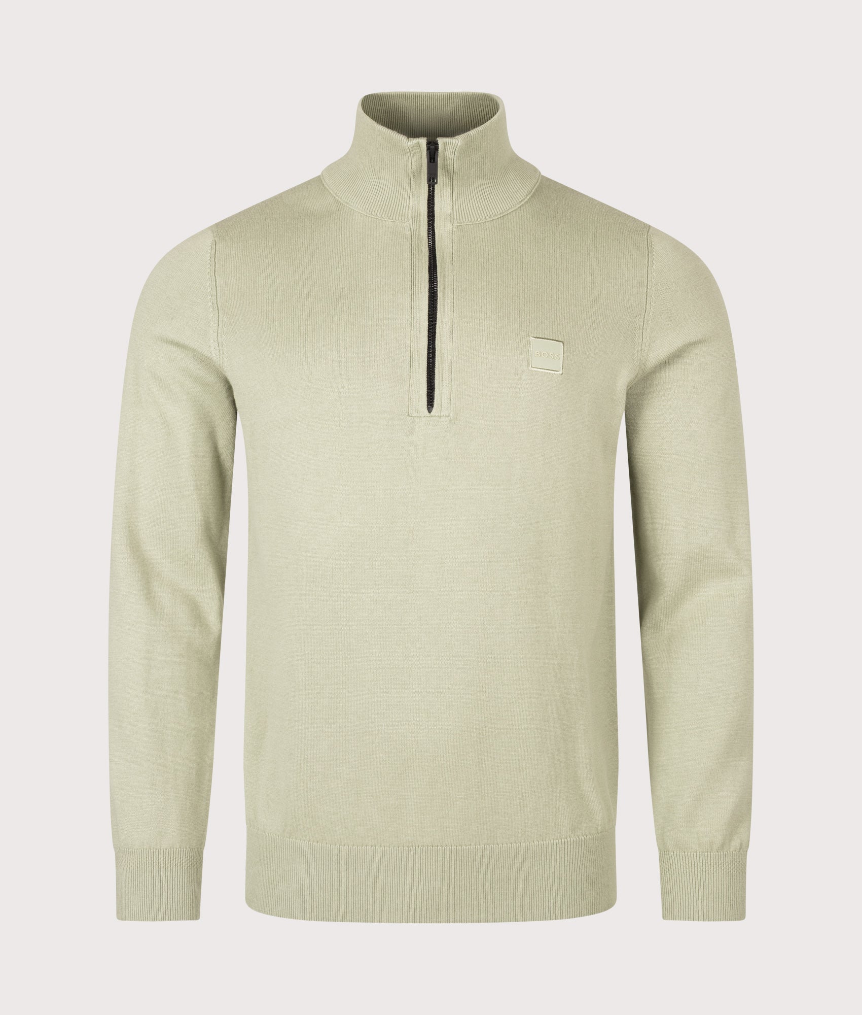 BOSS Regular Fit Kanobix Quarter Zip Jumper in Open Green at EQVVS Menswear. Front shot.