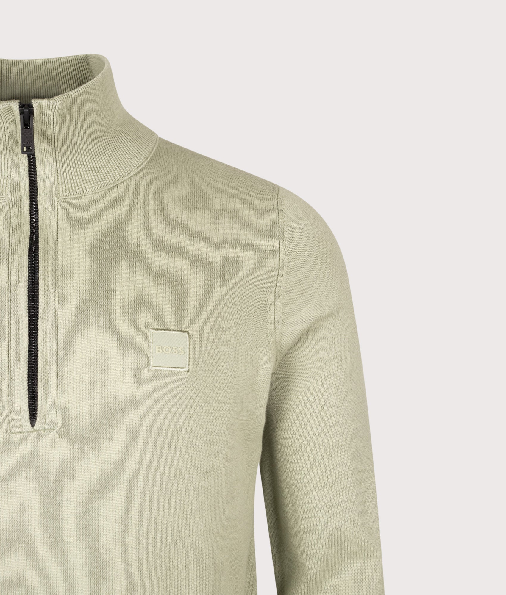 BOSS Regular Fit Kanobix Quarter Zip Jumper in Open Green at EQVVS Menswear. Detail shot.