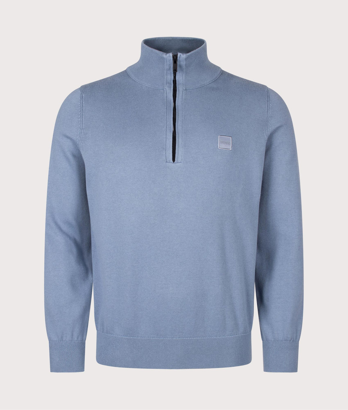 BOSS Regular Fit Kanobix Quarter Zip Jumper in Medium Blue at EQVVS Menswear. Front shot.