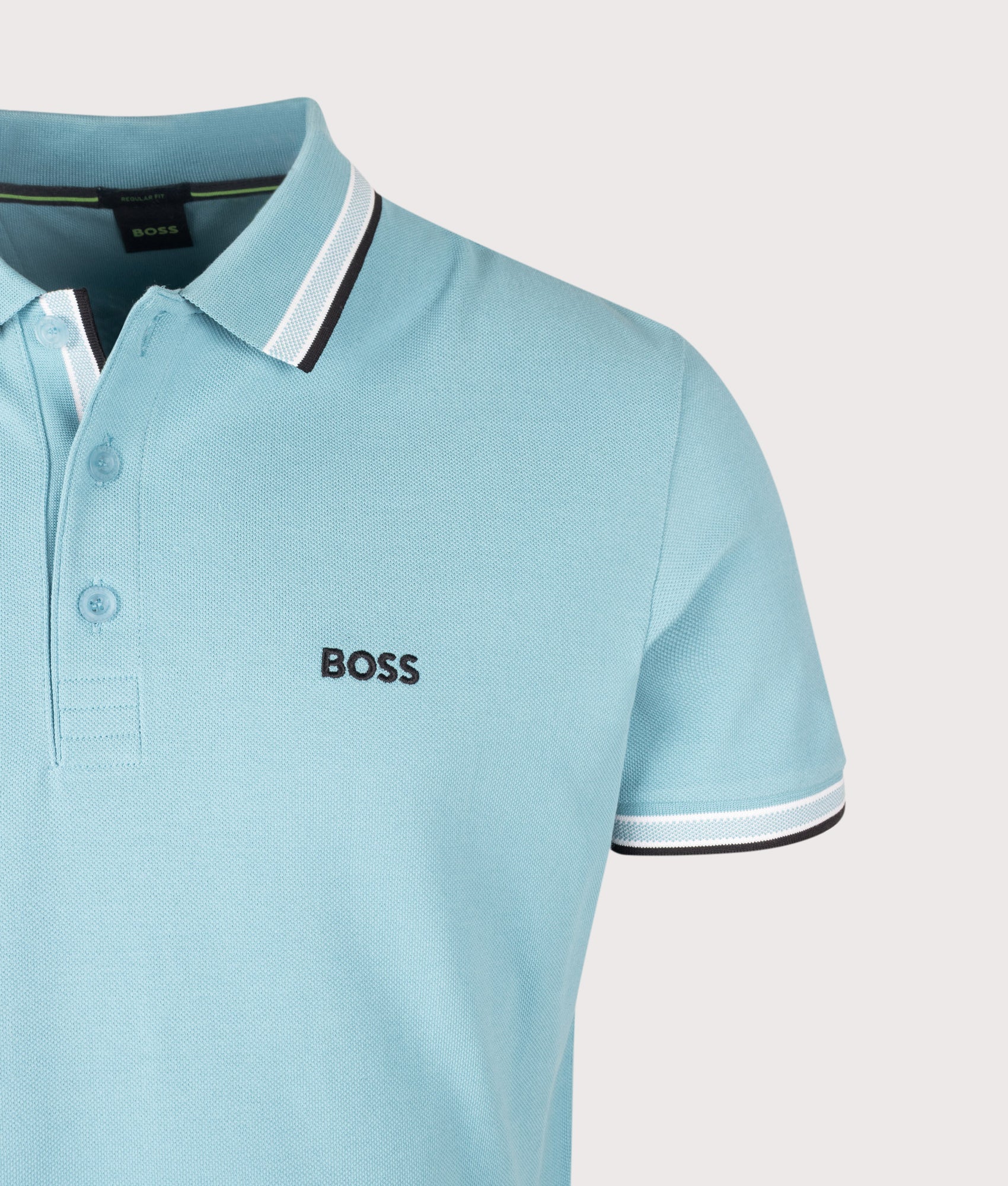 BOSS Regular Fit Paddy Polo Shirt in Open Blue at EQVVS Menswear. Detail shot.