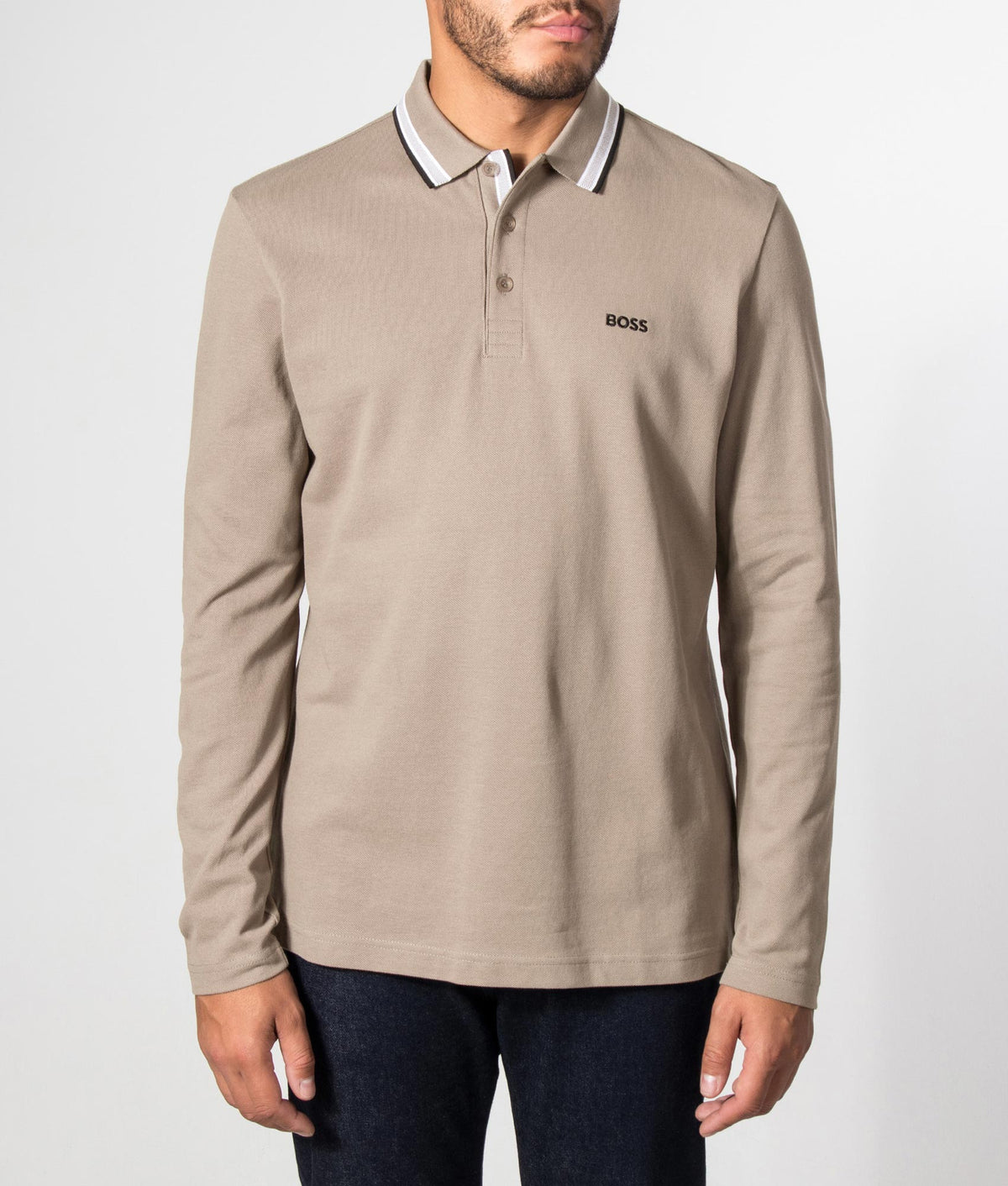 BOSS Regular Fit Plisy Long Sleeve Polo Shirt in Light/Pastel Green at EQVVS Menswear. Front model shot.