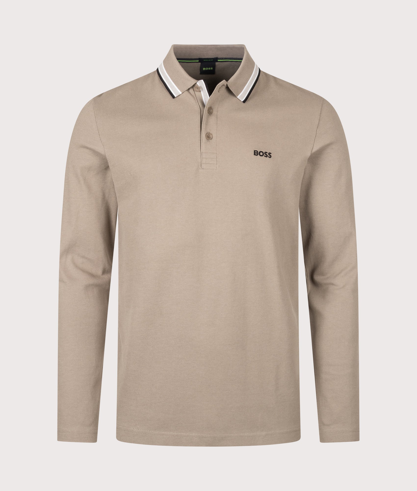 BOSS Regular Fit Plisy Long Sleeve Polo Shirt in Light/Pastel Green at EQVVS Menswear. Front shot.