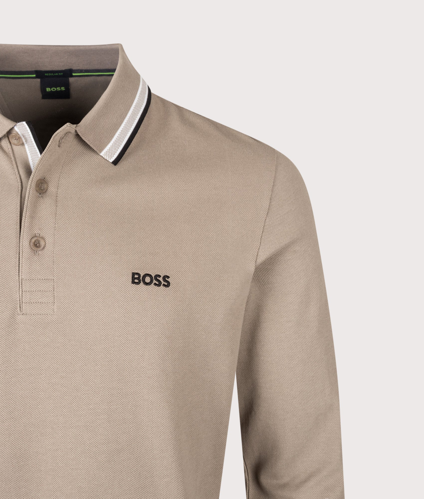 BOSS Regular Fit Plisy Long Sleeve Polo Shirt in Light/Pastel Green at EQVVS Menswear. Detail shot.
