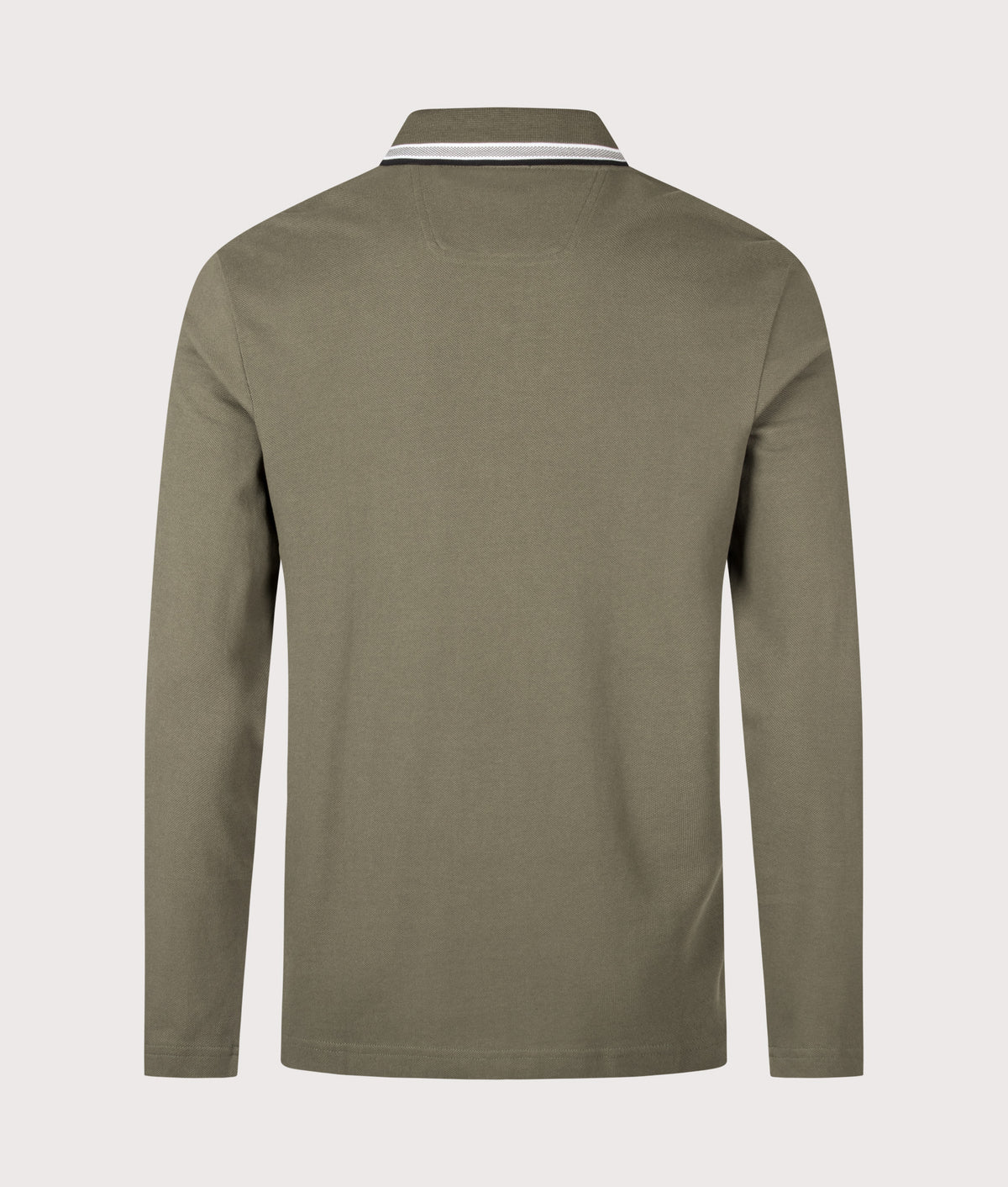 BOSS Regular Fit Plisy Long Sleeve Polo Shirt in Open Green at EQVVS Menswear. Back shot.