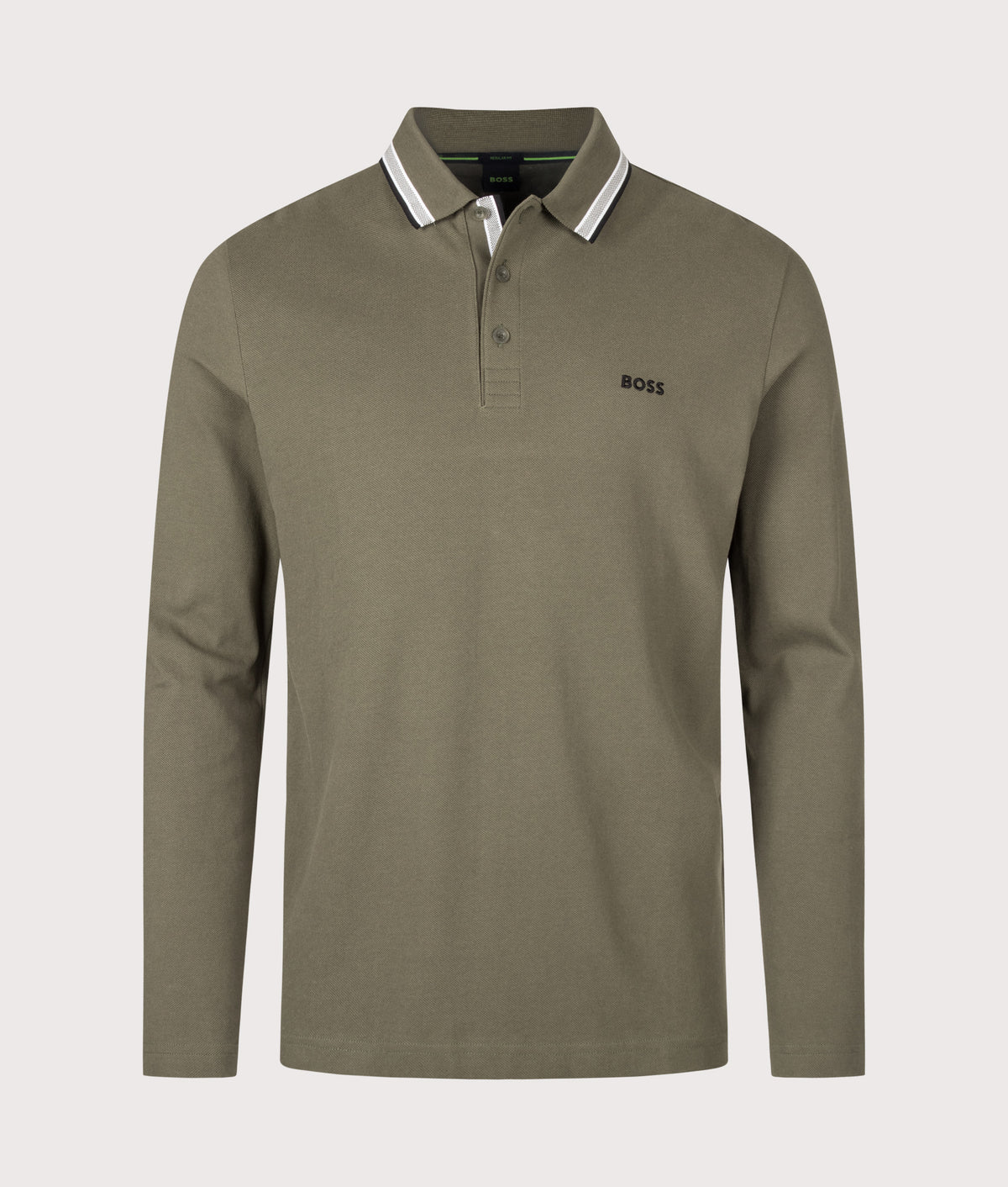 BOSS Regular Fit Plisy Long Sleeve Polo Shirt in Open Green at EQVVS Menswear. Front shot.