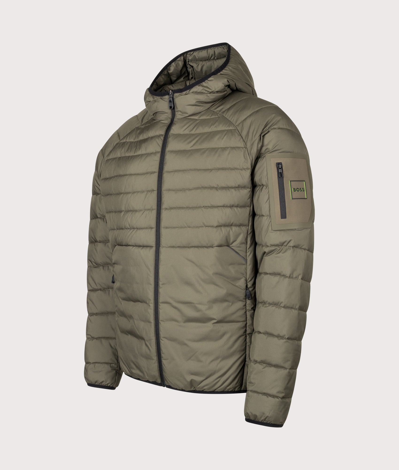 BOSS Regular Fit Urbanex Hooded Jacket in open green at EQVVS Menswear. Angled front shot.
